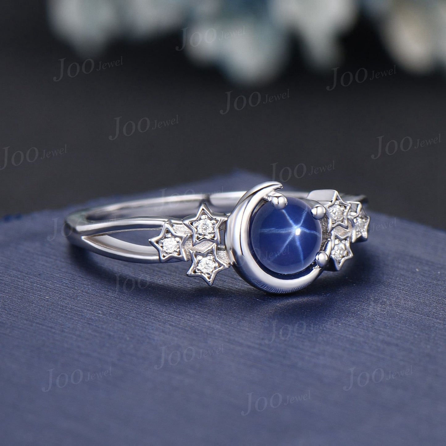 5mm Round Star Sapphire Moon Star Engagement Ring Cluster Wedding Ring Split Shank Band Unique Personalized Anniversary/Promise Ring for Her