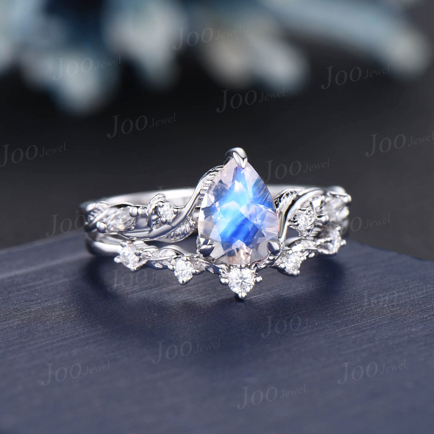 1.25ct Twig Vine Nature Inspired Pear Natural Moonstone Diamond Engagement Ring Set 14K White Gold Moonstone Wedding Bridal Set Promise Gift