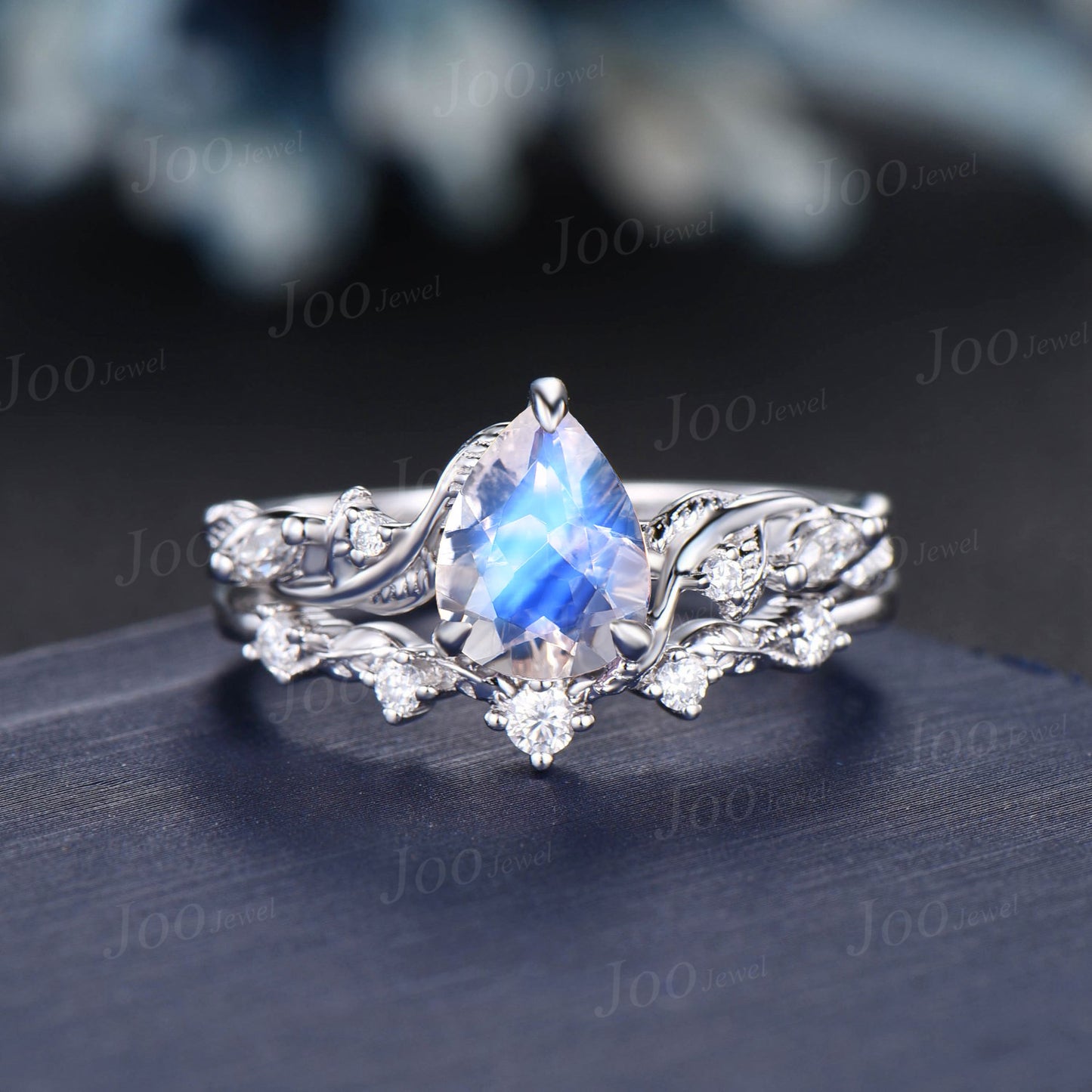 1.25ct Twig Vine Nature Inspired Pear Natural Moonstone Diamond Engagement Ring Set 14K White Gold Moonstone Wedding Bridal Set Promise Gift