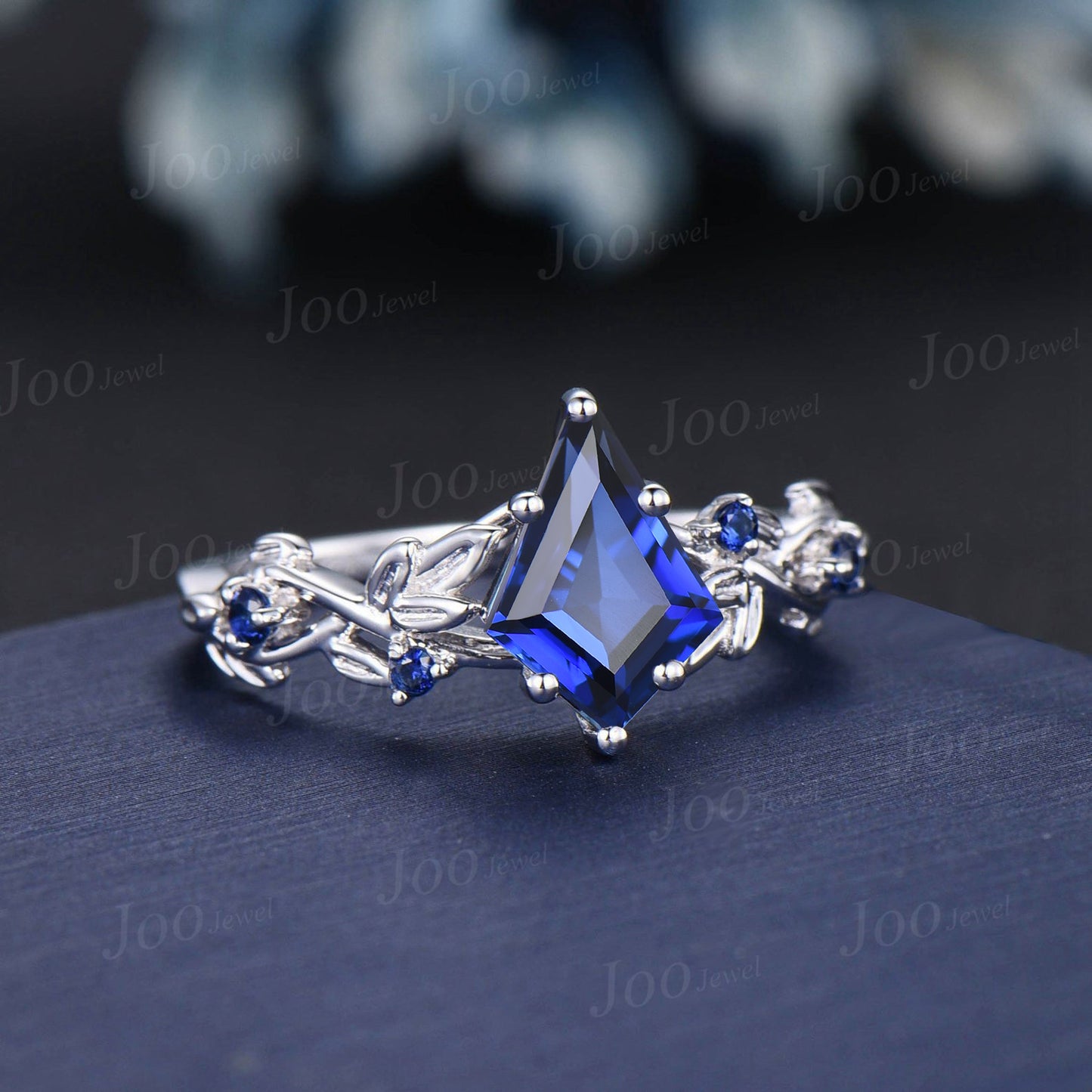 Nature Inspired Blue Sapphire Ring 1ct Kite Cut Blue Sapphire Engagement Ring Leaf Vine Blue Wedding Ring Unique September Birthstone Gifts