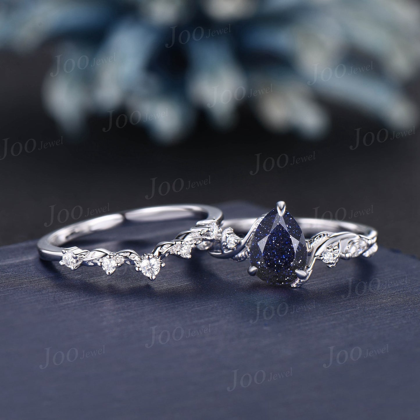 Twist Twig Vine Nature Inspired Starry Sky Blue Sandstone Bridal Ring Set 14K White Gold Leaf Moissanite Galaxy Wedding Ring Promise Gifts