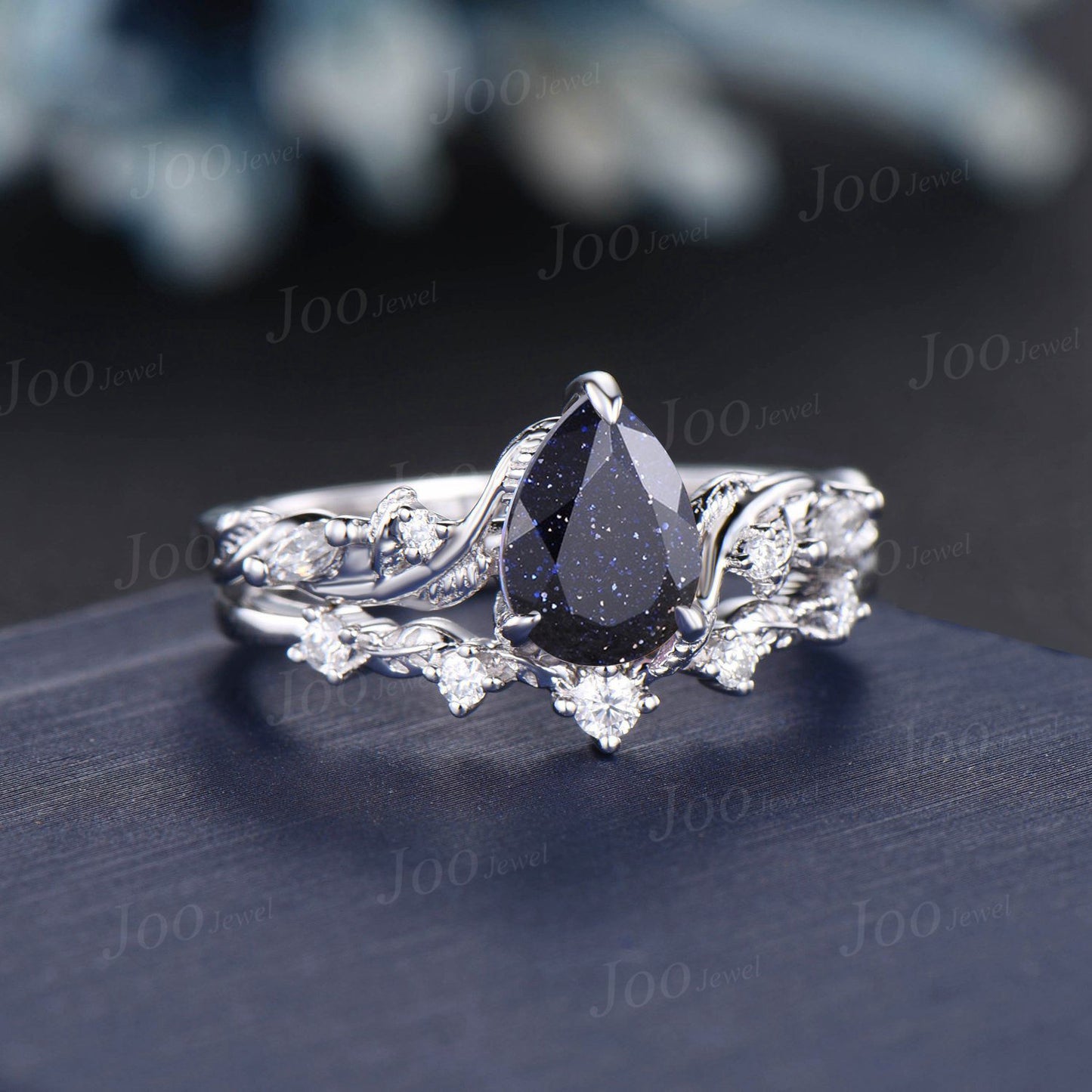Twist Twig Vine Nature Inspired Starry Sky Blue Sandstone Bridal Ring Set 14K White Gold Leaf Moissanite Galaxy Wedding Ring Promise Gifts