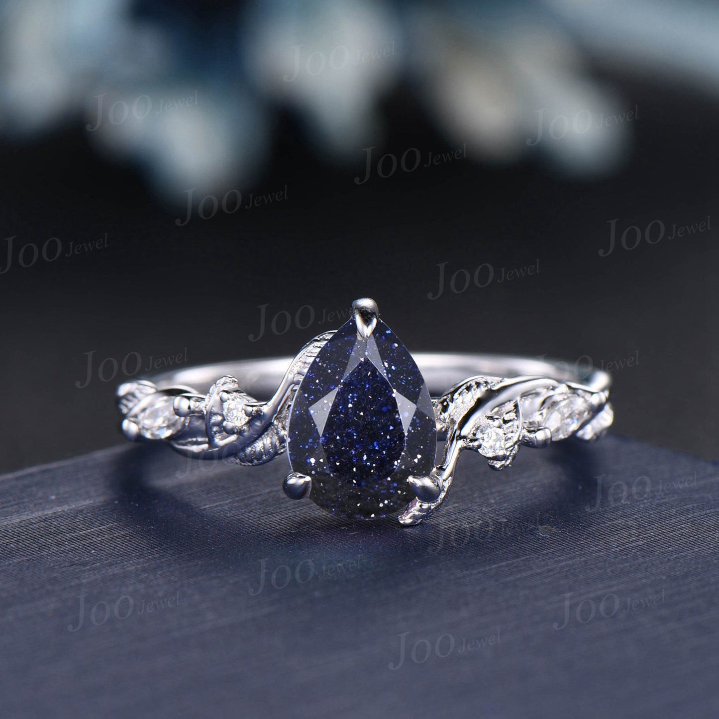 Twist Twig Vine Nature Inspired Starry Sky Blue Sandstone Bridal Ring Set 14K White Gold Leaf Moissanite Galaxy Wedding Ring Promise Gifts