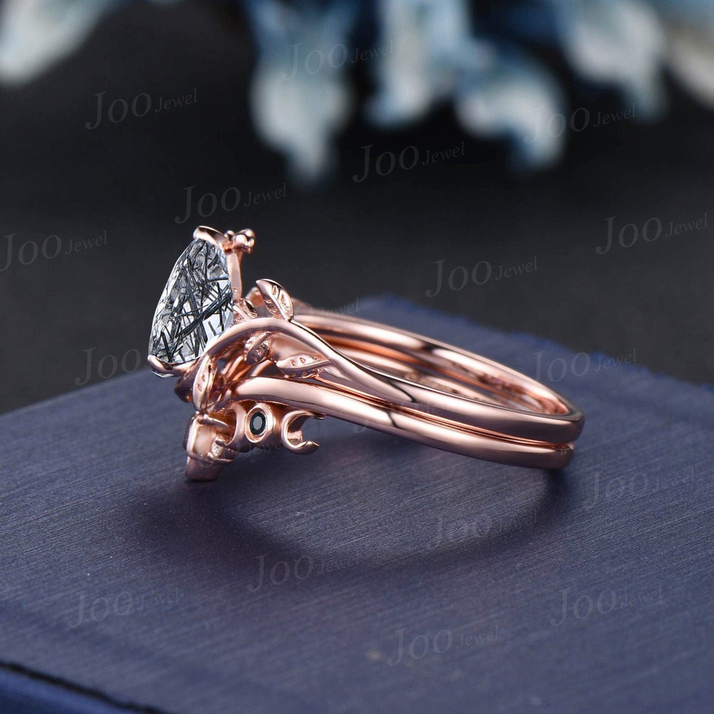 Natural Black Rutilated Quartz Ring Unique Pear Engagement Ring Set Rose Gold Vintage Nature Inspired Celtic Moon Black Diamond Wedding Ring