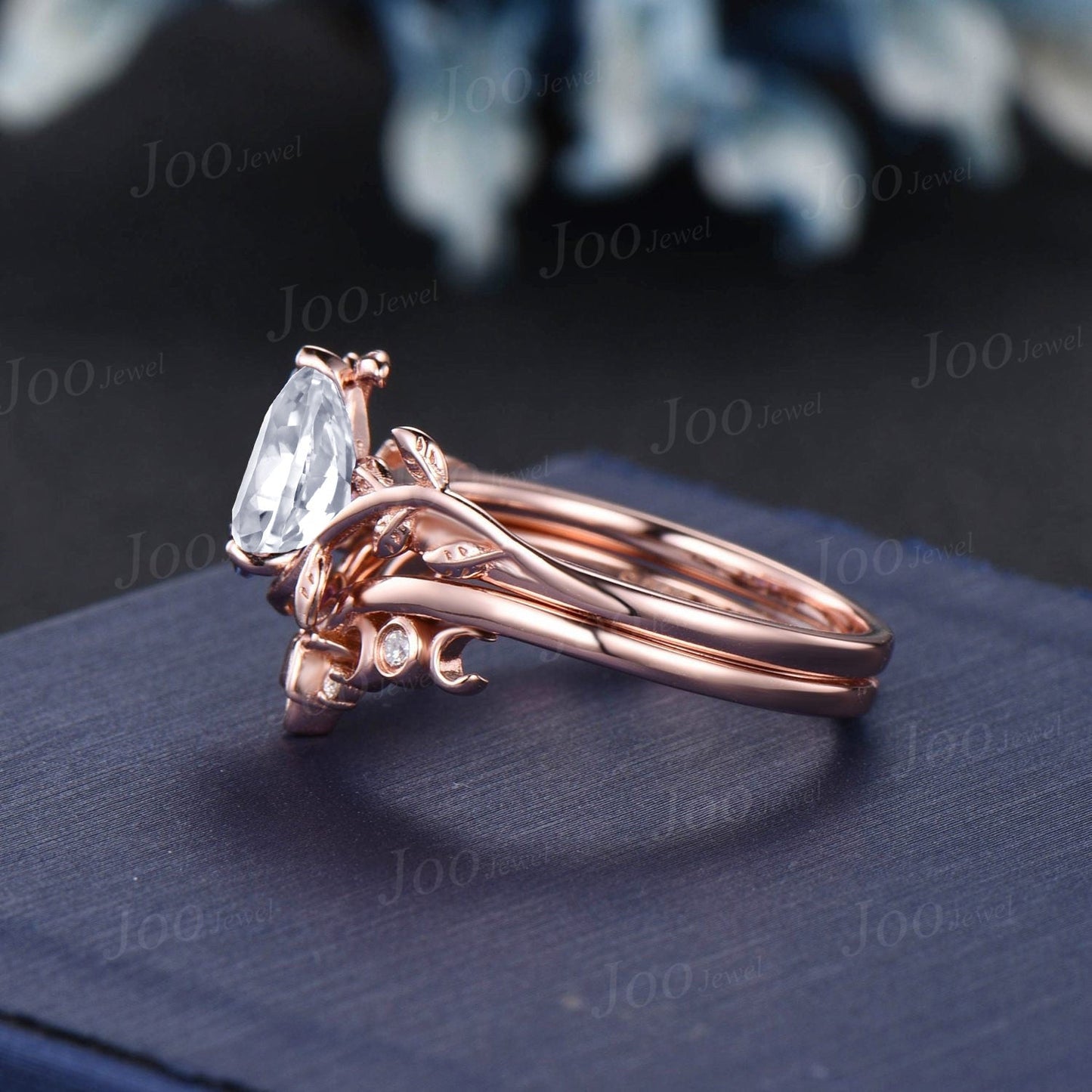 1.25ct Pear Forever One Moissanite Engagement Ring Set 10K Rose Gold Moissanite Wedding Band Twig Vine FO Moissanite Bridal Sets Anniversary Gifts