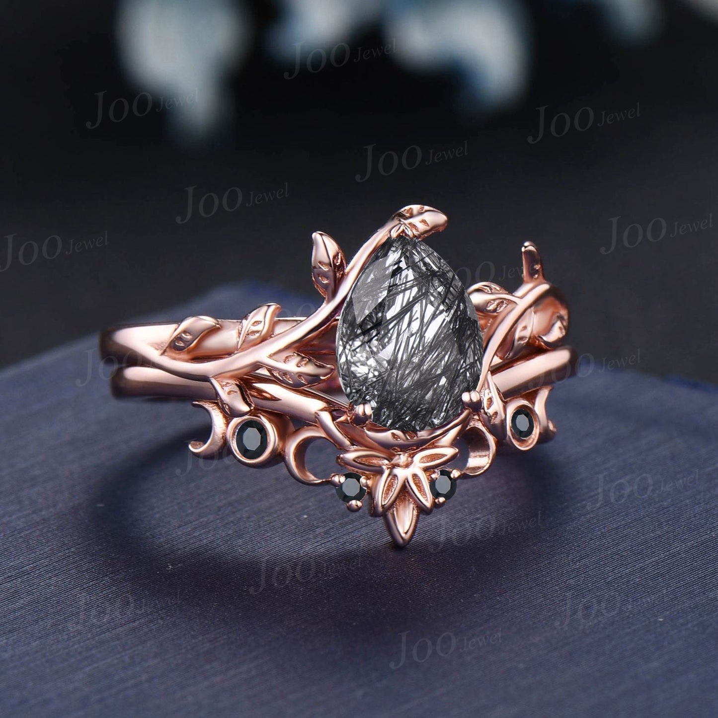 Natural Black Rutilated Quartz Ring Unique Pear Engagement Ring Set Rose Gold Vintage Nature Inspired Celtic Moon Black Diamond Wedding Ring