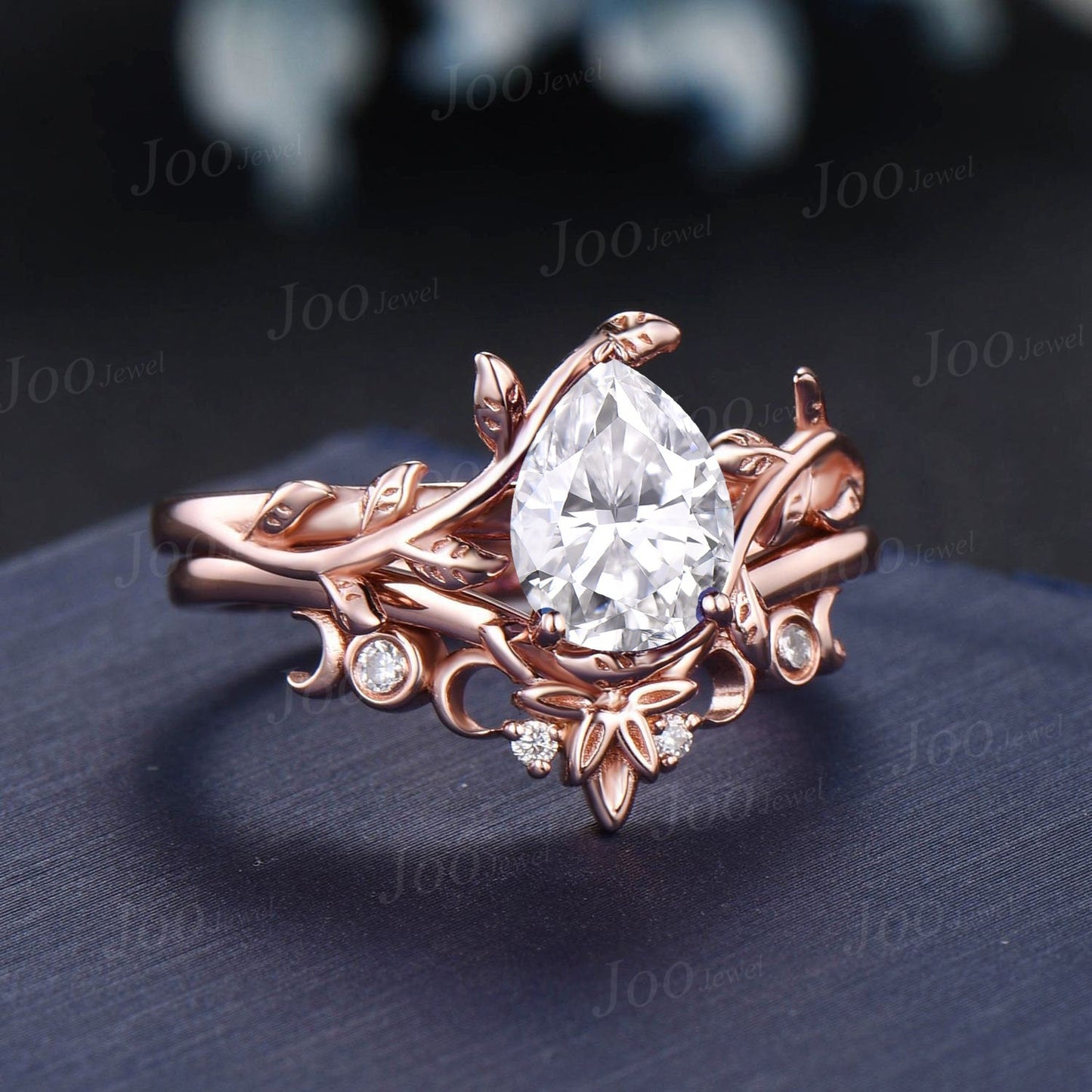 1.25ct Pear Forever One Moissanite Engagement Ring Set 10K Rose Gold Moissanite Wedding Band Twig Vine FO Moissanite Bridal Sets Anniversary Gifts
