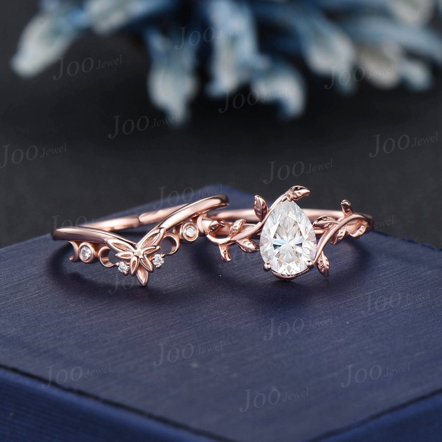 1.25ct Pear Forever One Moissanite Engagement Ring Set 10K Rose Gold Moissanite Wedding Band Twig Vine FO Moissanite Bridal Sets Anniversary Gifts