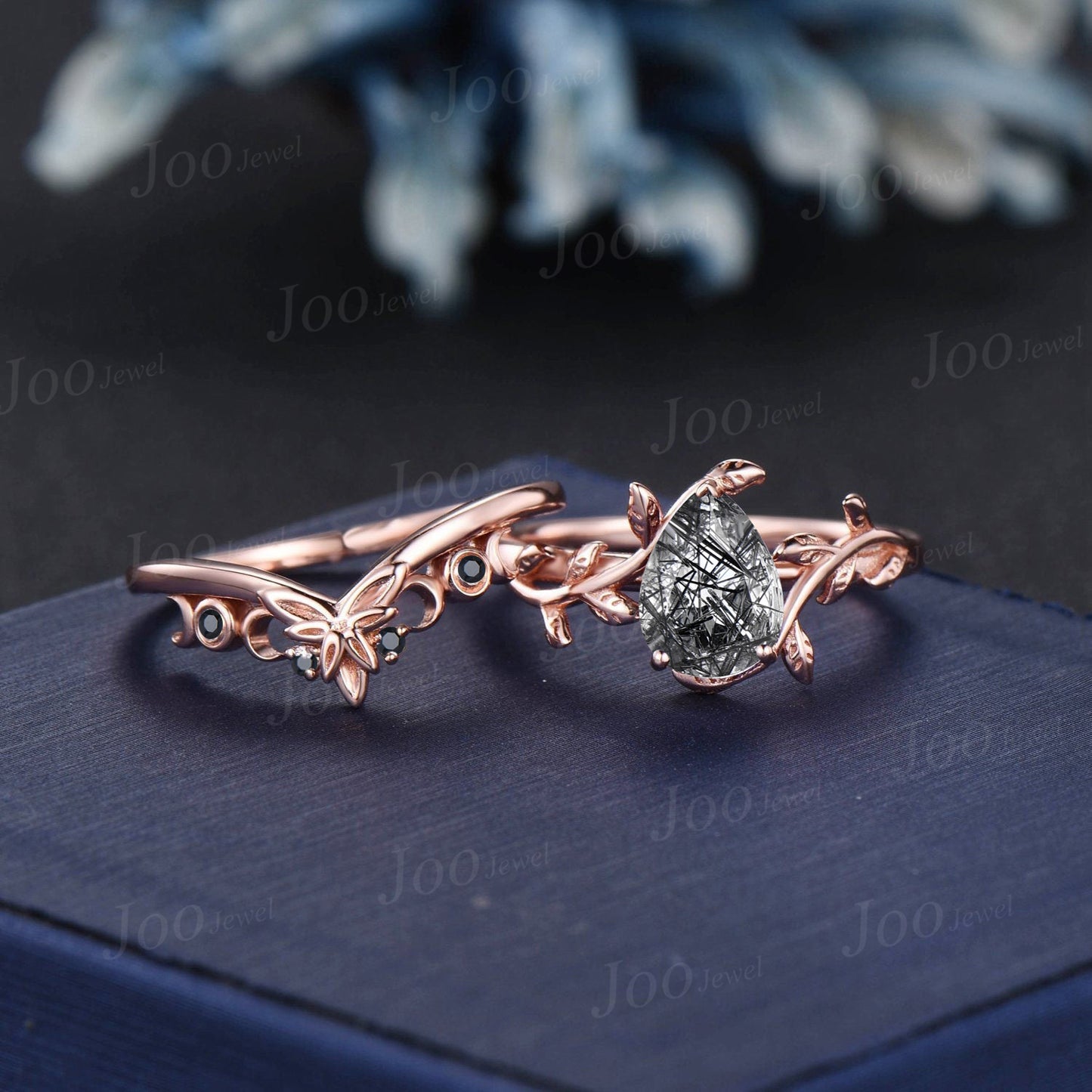 Natural Black Rutilated Quartz Ring Unique Pear Engagement Ring Set Rose Gold Vintage Nature Inspired Celtic Moon Black Diamond Wedding Ring