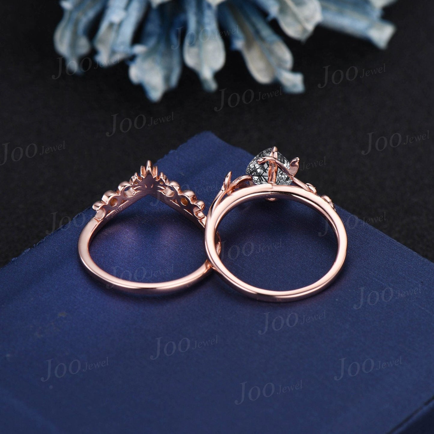 Natural Black Rutilated Quartz Ring Unique Pear Engagement Ring Set Rose Gold Vintage Nature Inspired Celtic Moon Black Diamond Wedding Ring