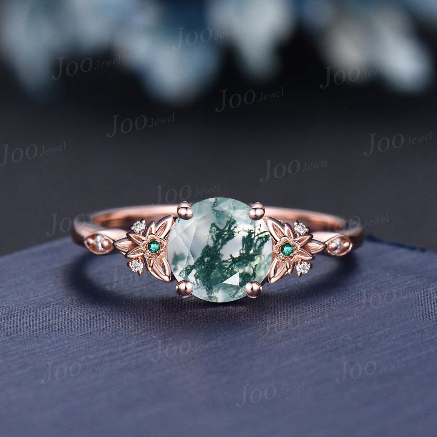 Vintage Oval Natural Green Moss Agate Emerald Engagement Ring Rose Gold Twig Leaf Floral Antique Unique Cluster Diamond Bridal Wedding Ring