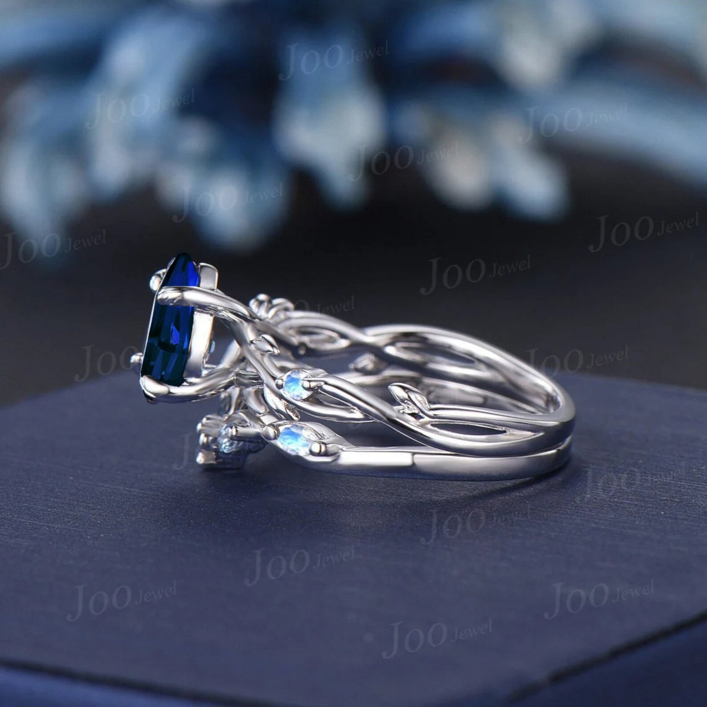 1.25ct Twig Vine Pear Blue Sapphire Bridal Set Sterling Silver Twig Vine Moonstone Alexandrite Wedding Ring September Birthstone Birthday Gifts