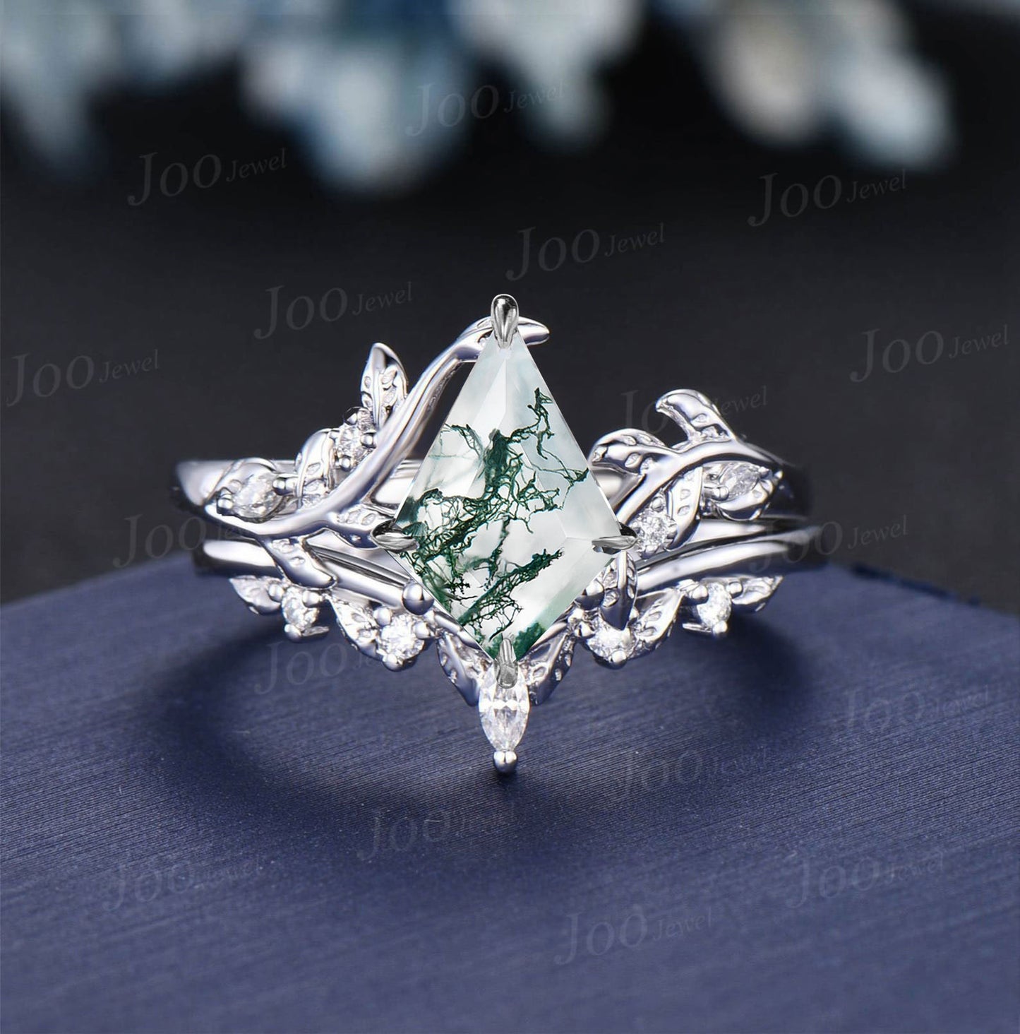 1ct Skype Kite Natural Moss Agate Wedding Ring 14K Rose Gold Moss Diamond Engagement Ring For Women Vintage Kite Bridal Wedding Gifts Ring