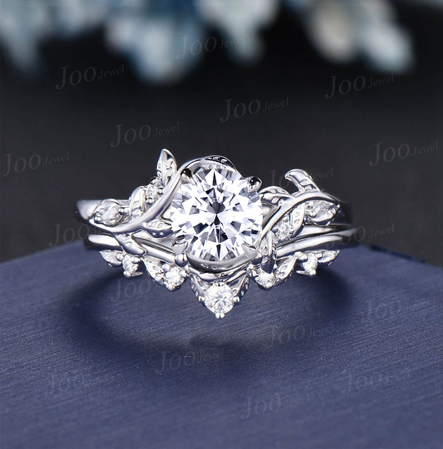 1ct Round Cut Moissanite Engagement Ring 14K Rose Gold Nature Inspired Diamond Engagement Ring Leaf Wedding Bridal Set Unique Proposal Gifts