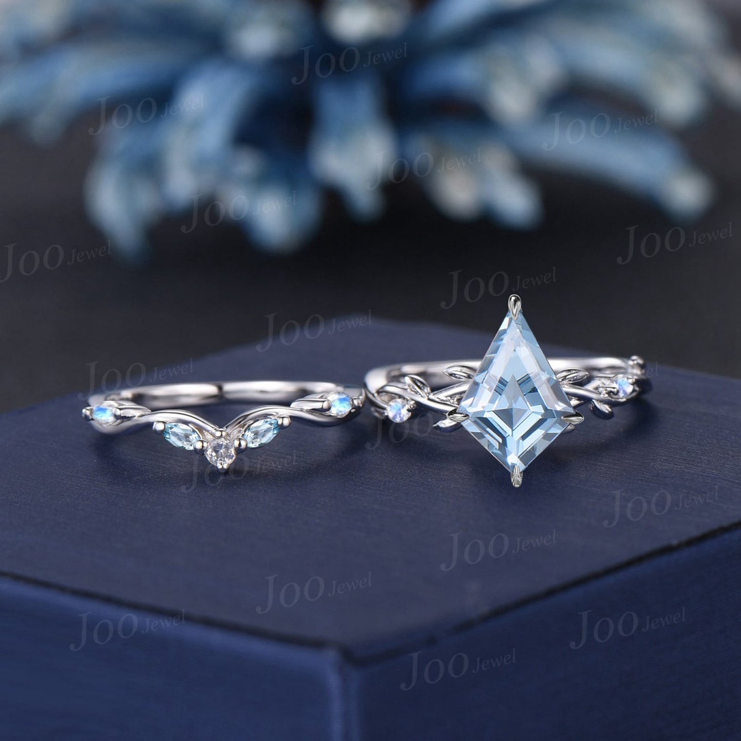 7*10mm Kite Cut Aquamarine Ring Set Sterling Silver Nature Inspired Natural Ocean Aquamarine Moonstone Bridal Set Twig Vine Promise Ring Set