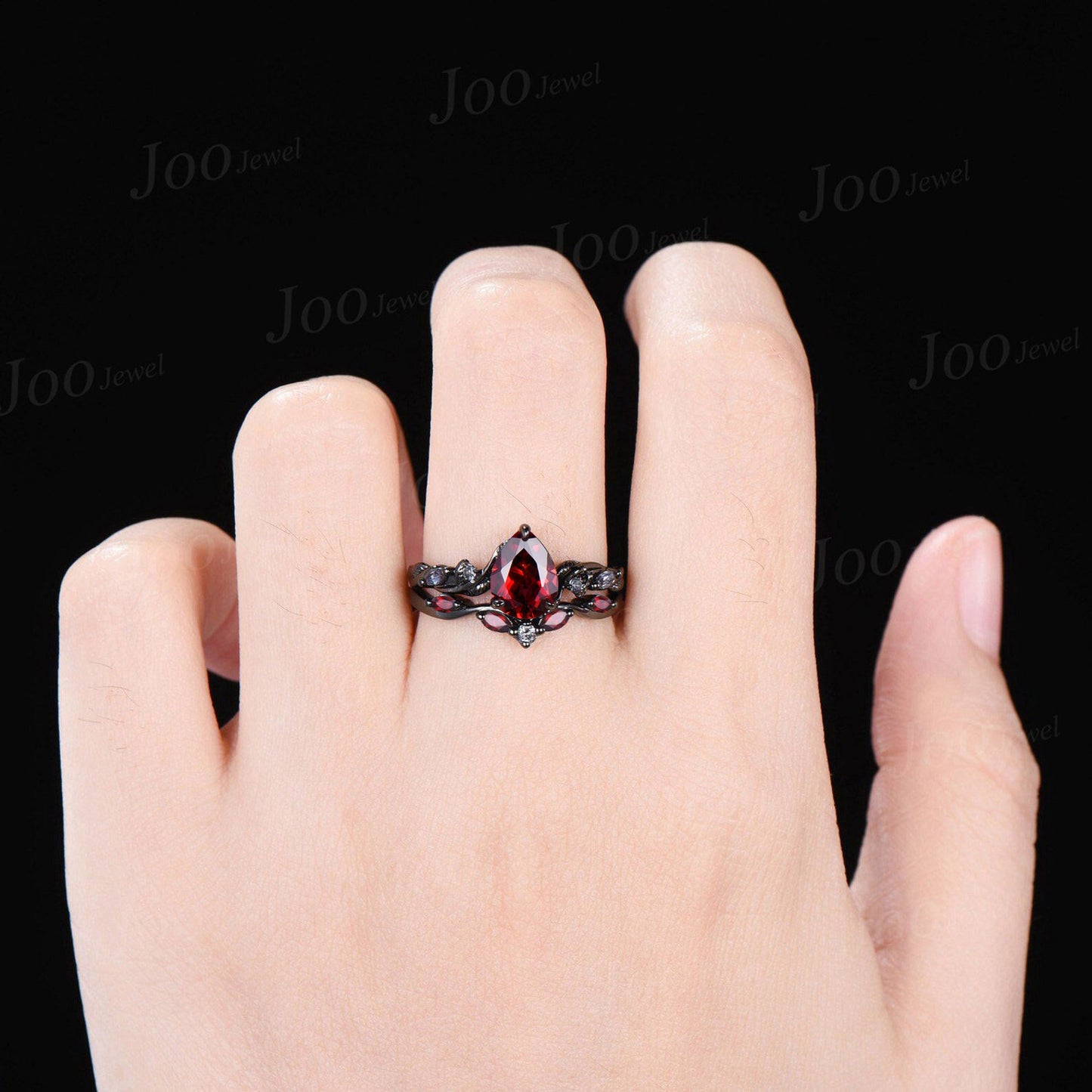 1.25ct Pear Cut Natural Red Garnet Black Gold Bridal Set Leaf Wedding Ring Garnet Alexandrite Wedding Ring Set Antique Vintage Proposal Gift