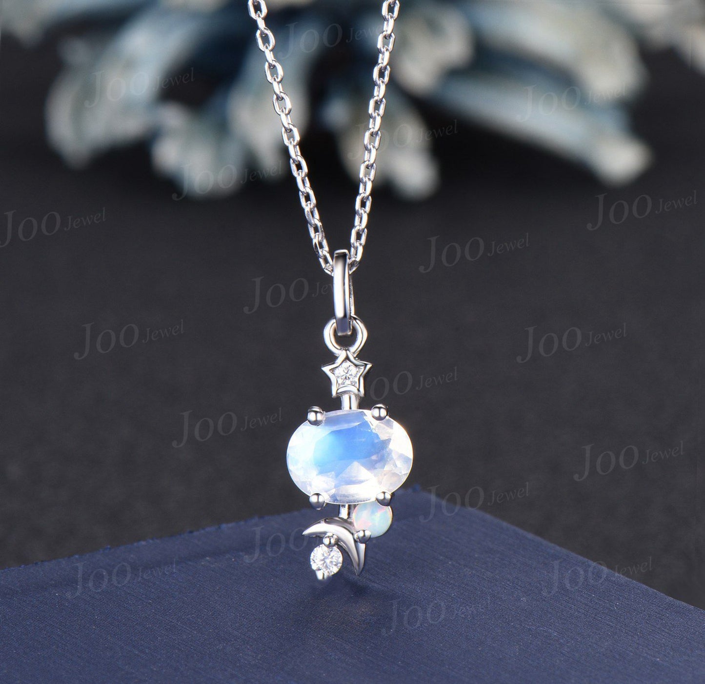 Unique Natural Oval Moonstone Bridal Pendant Silver/14K Real Rose Gold Personalized June Birthstone Wedding Necklace Moon Star Drop Necklace