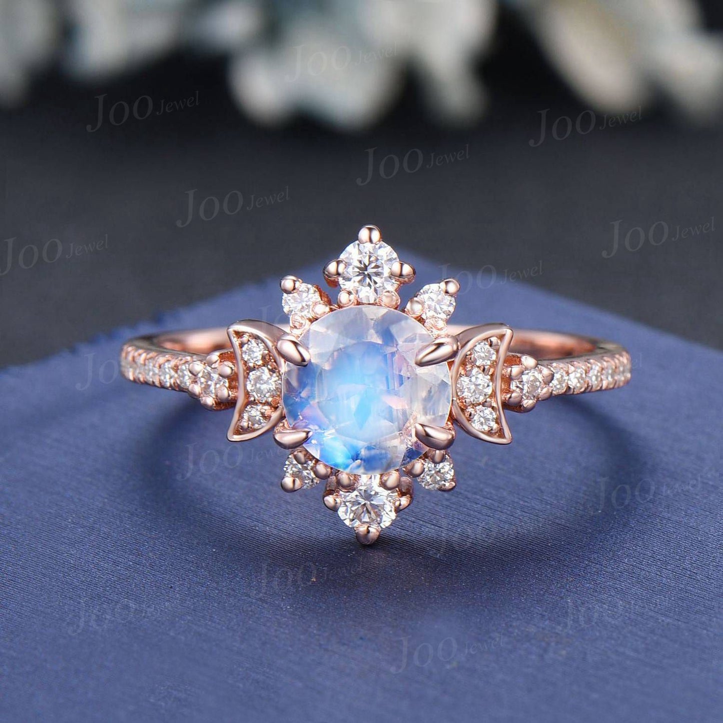 Natural Moonstone Engagement Ring Crescent Moon Ring Half Eternity Moon Engagement Ring Unique Moissanite Cluster Celestial Wedding Ring
