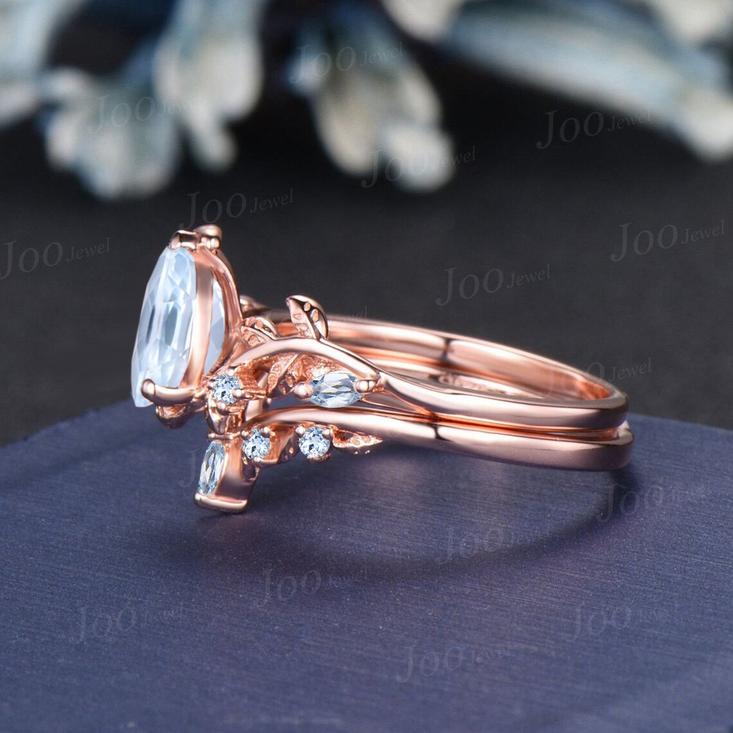 1CT Round Natural Aquamarine Bridal Ring Set 14K Rose Gold Leaf Branch Wedding Ring Nature Inspired Aquamarine Jewelry Proposal Gift for Her