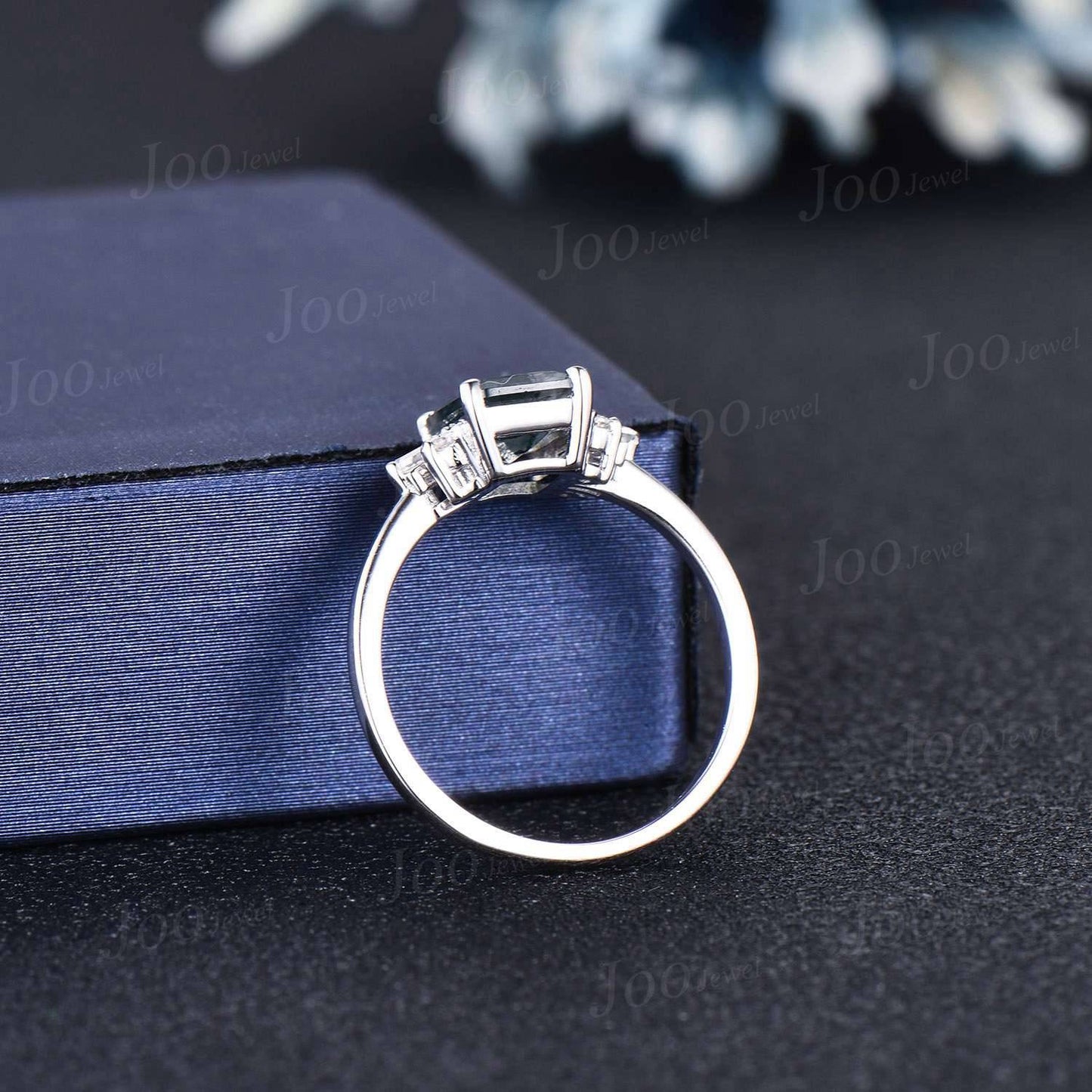 2ct Emerald Cut Natural Green Moss Agate Engagement Rings Platinum Ring Cluster Aquatic Agate Promise Ring Baguette Moissanite Wedding Ring