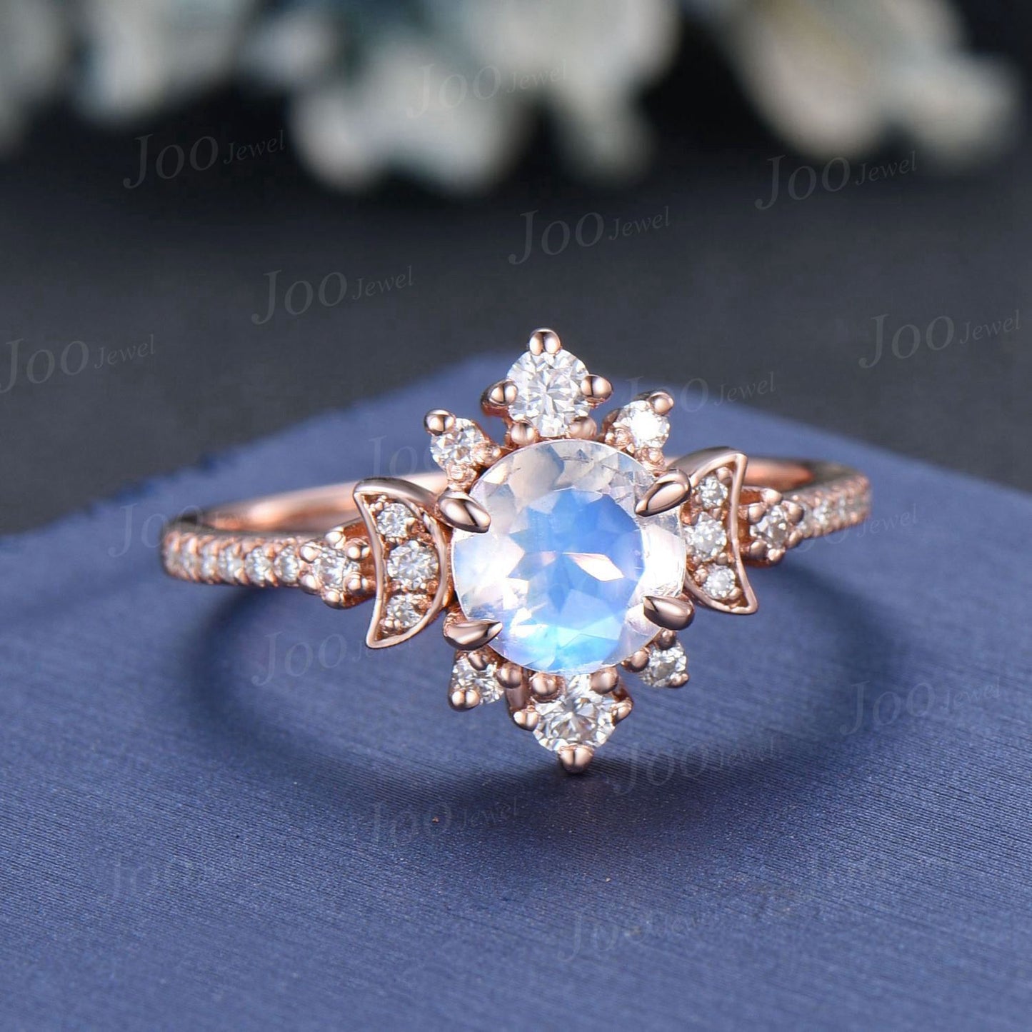 Natural Moonstone Engagement Ring Crescent Moon Ring Half Eternity Moon Engagement Ring Unique Moissanite Cluster Celestial Wedding Ring