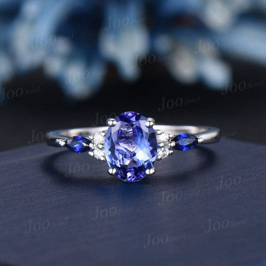 Vintage 1.5ct Oval Natural Tanzanite Engagement Ring in 14K White Gold Cluster Blue Sapphire Diamond Promise Bridal Wedding Ring for Women