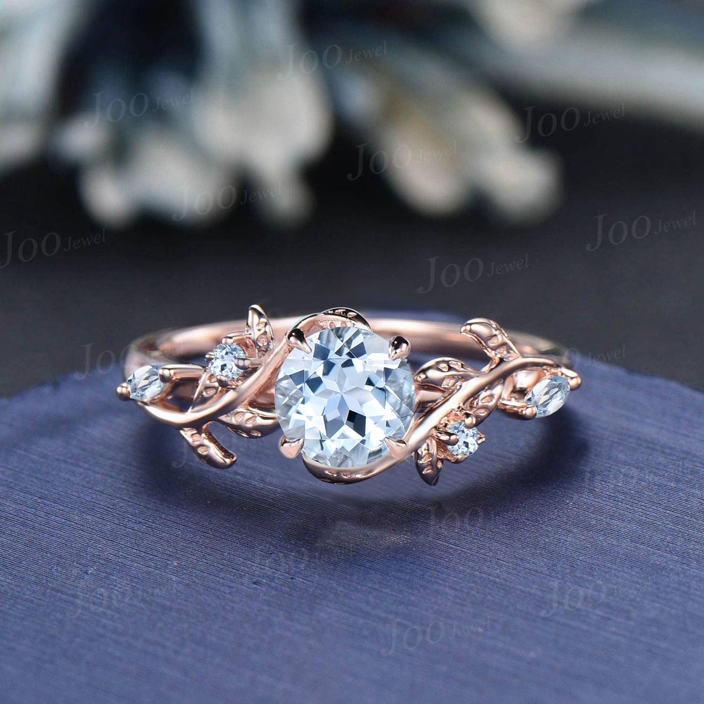 1CT Round Natural Aquamarine Bridal Ring Set 14K Rose Gold Leaf Branch Wedding Ring Nature Inspired Aquamarine Jewelry Proposal Gift for Her