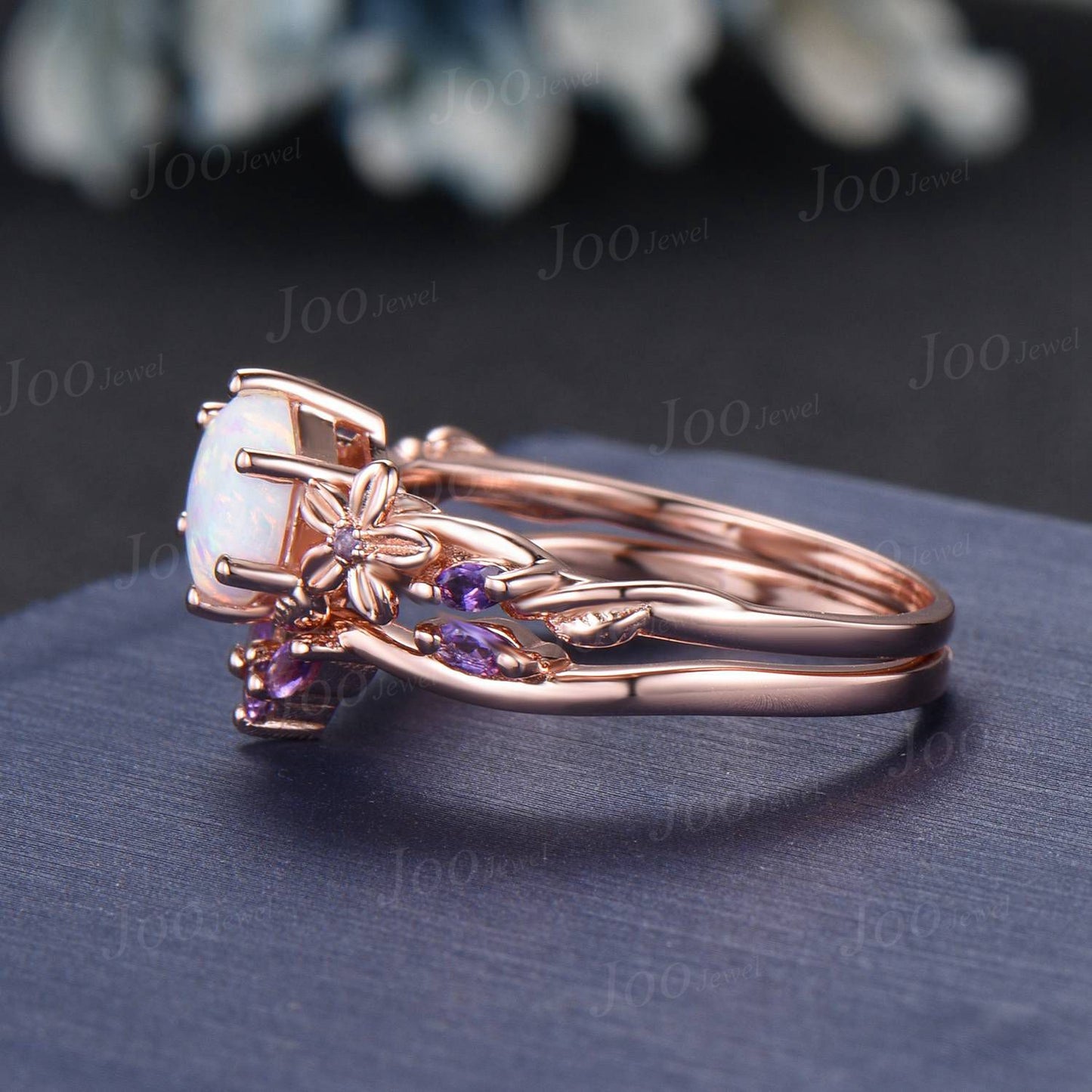 1ct Nature Inspired Hexagon Opal Engagement Ring Set Rose Flower Amethyst Wedding Ring Floral Leaf Opal Ring October Birthstone Jewelry Gift