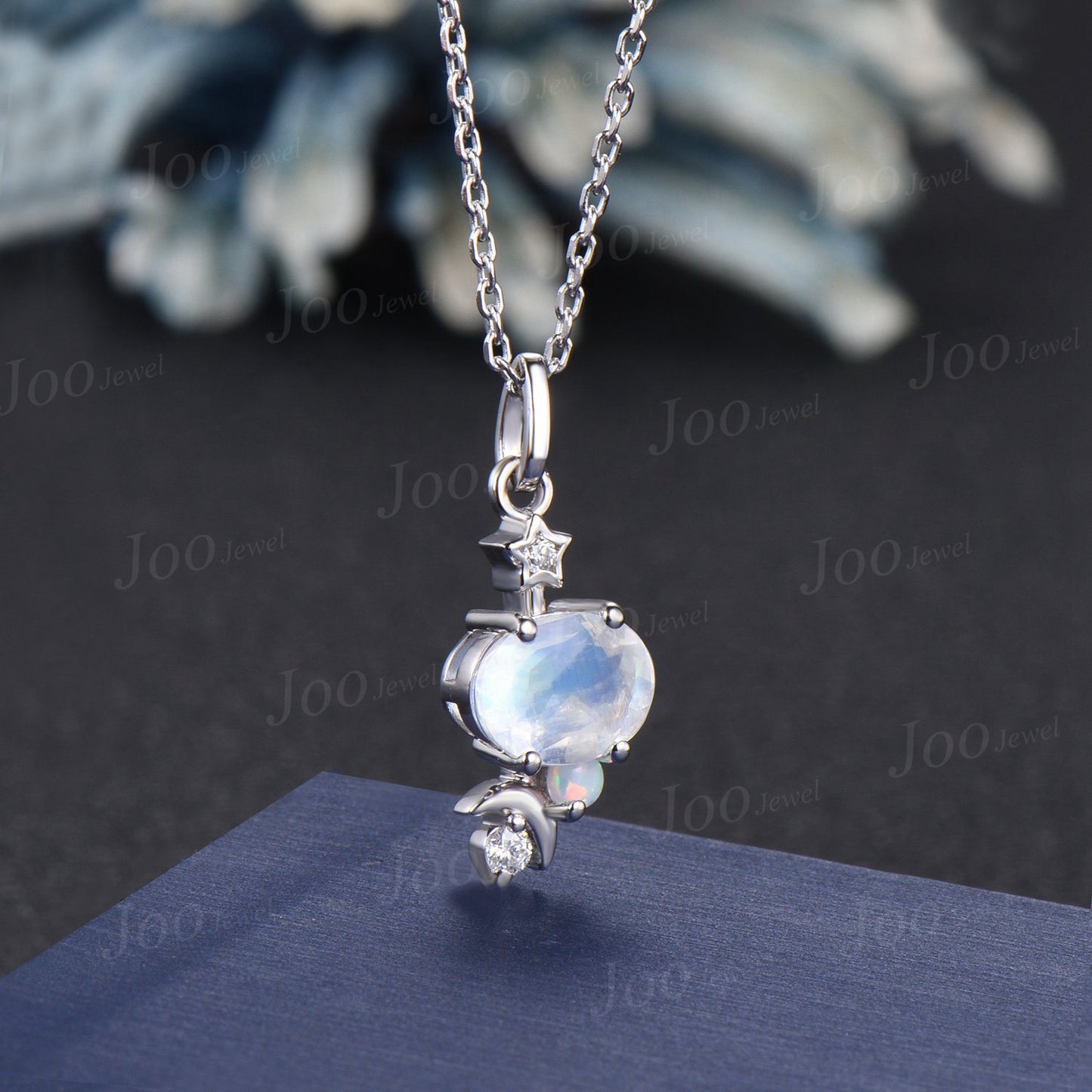 Unique Natural Oval Moonstone Bridal Pendant Silver/14K Real Rose Gold Personalized June Birthstone Wedding Necklace Moon Star Drop Necklace