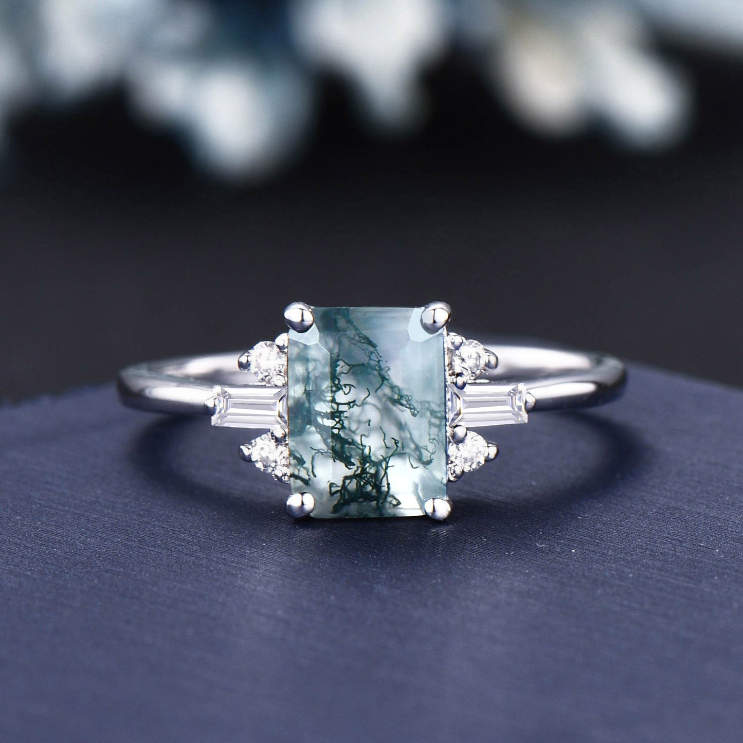 2ct Emerald Cut Natural Green Moss Agate Engagement Rings Platinum Ring Cluster Aquatic Agate Promise Ring Baguette Moissanite Wedding Ring