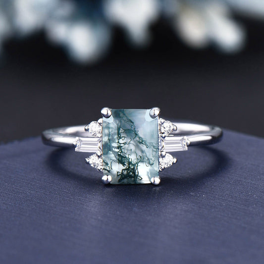 2ct Emerald Cut Natural Green Moss Agate Engagement Rings Platinum Ring Cluster Aquatic Agate Promise Ring Baguette Moissanite Wedding Ring