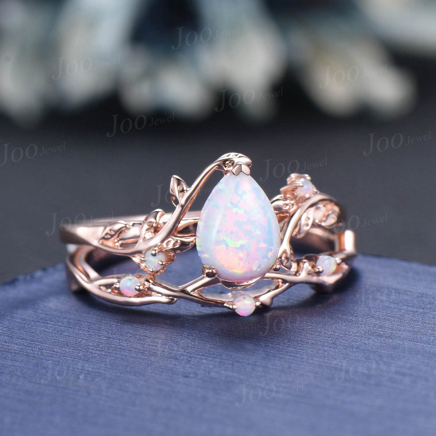 Nature Inspired Branch White Opal Ring Set 10K White Gold Twig Vine Pear Opal Engagement Ring October Birthstone Wedding Ring Birthday Gifts
