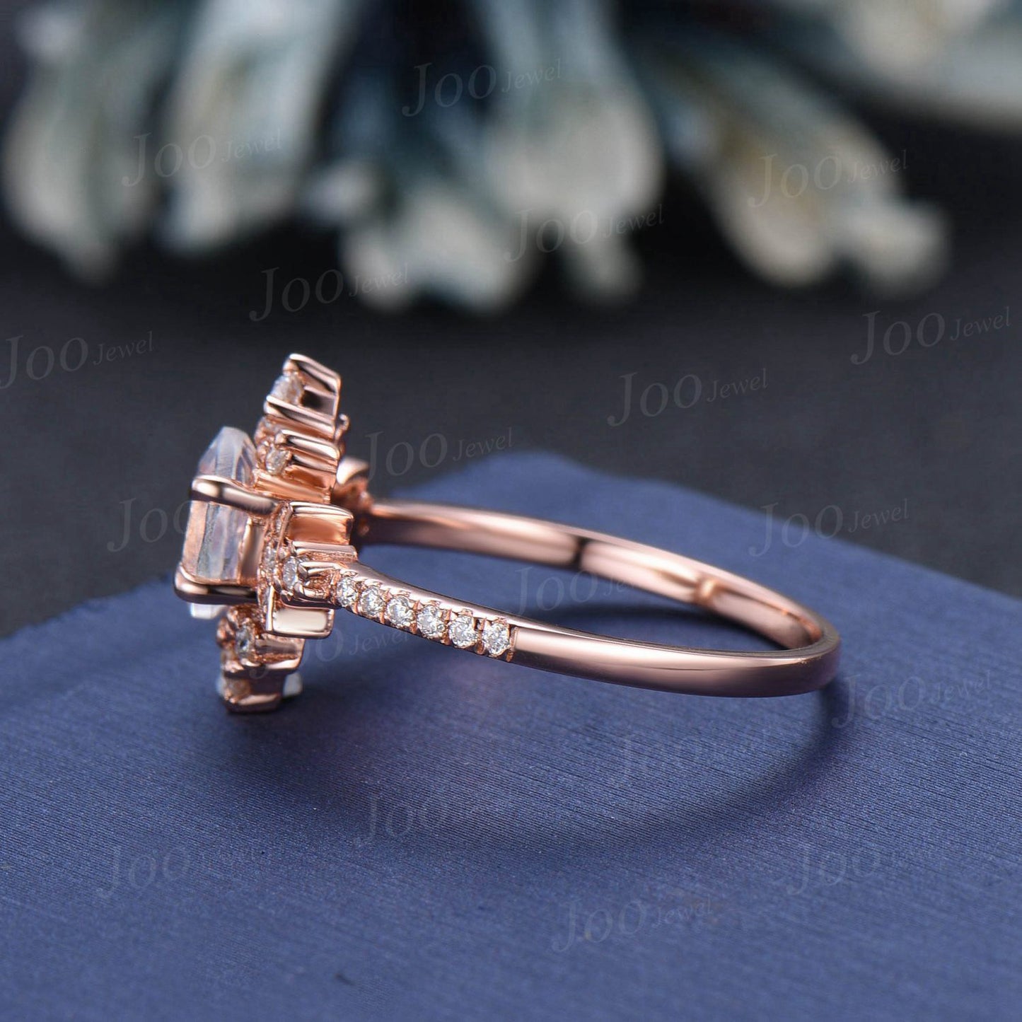 Natural Moonstone Engagement Ring Crescent Moon Ring Half Eternity Moon Engagement Ring Unique Moissanite Cluster Celestial Wedding Ring