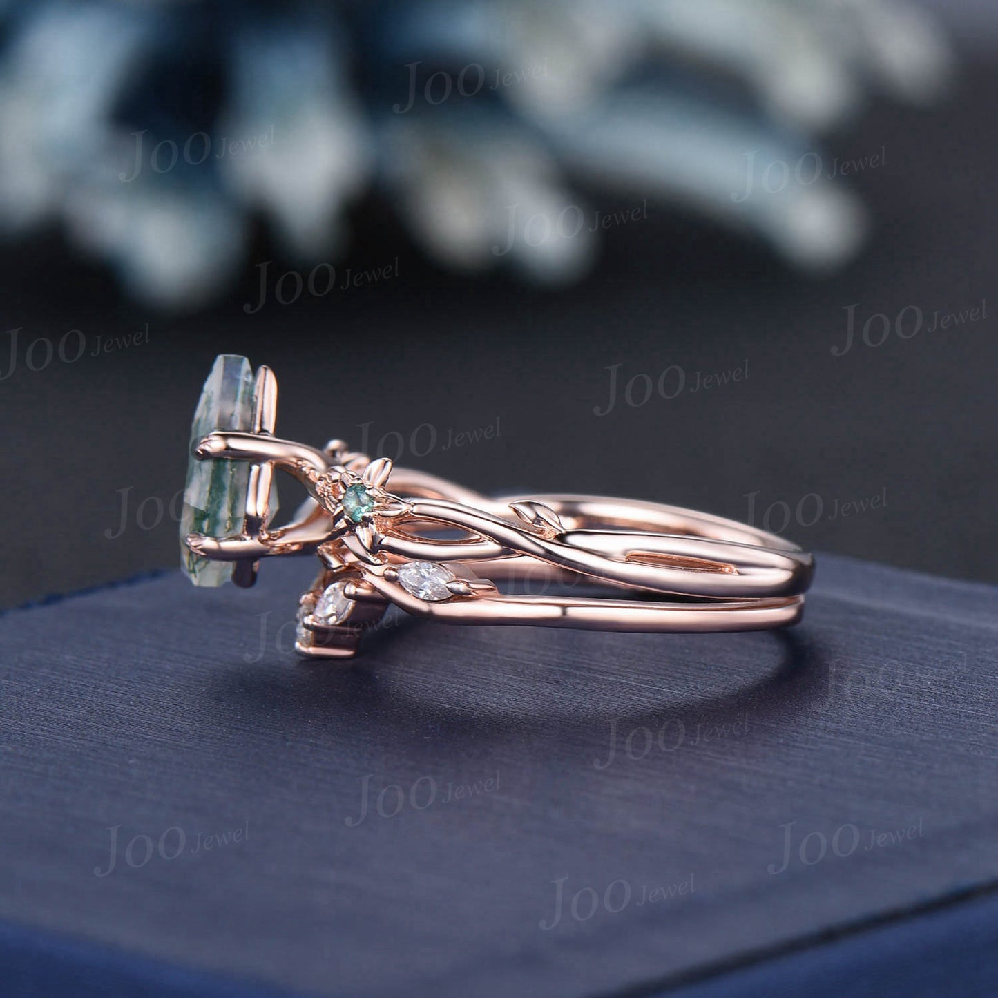 1ct Nature Inspired Kite Moss Agate Ring Set Floral Engagement Ring Green Emerald Branch Twig Vine Wedding Ring Vintage Agate Bridal Sets