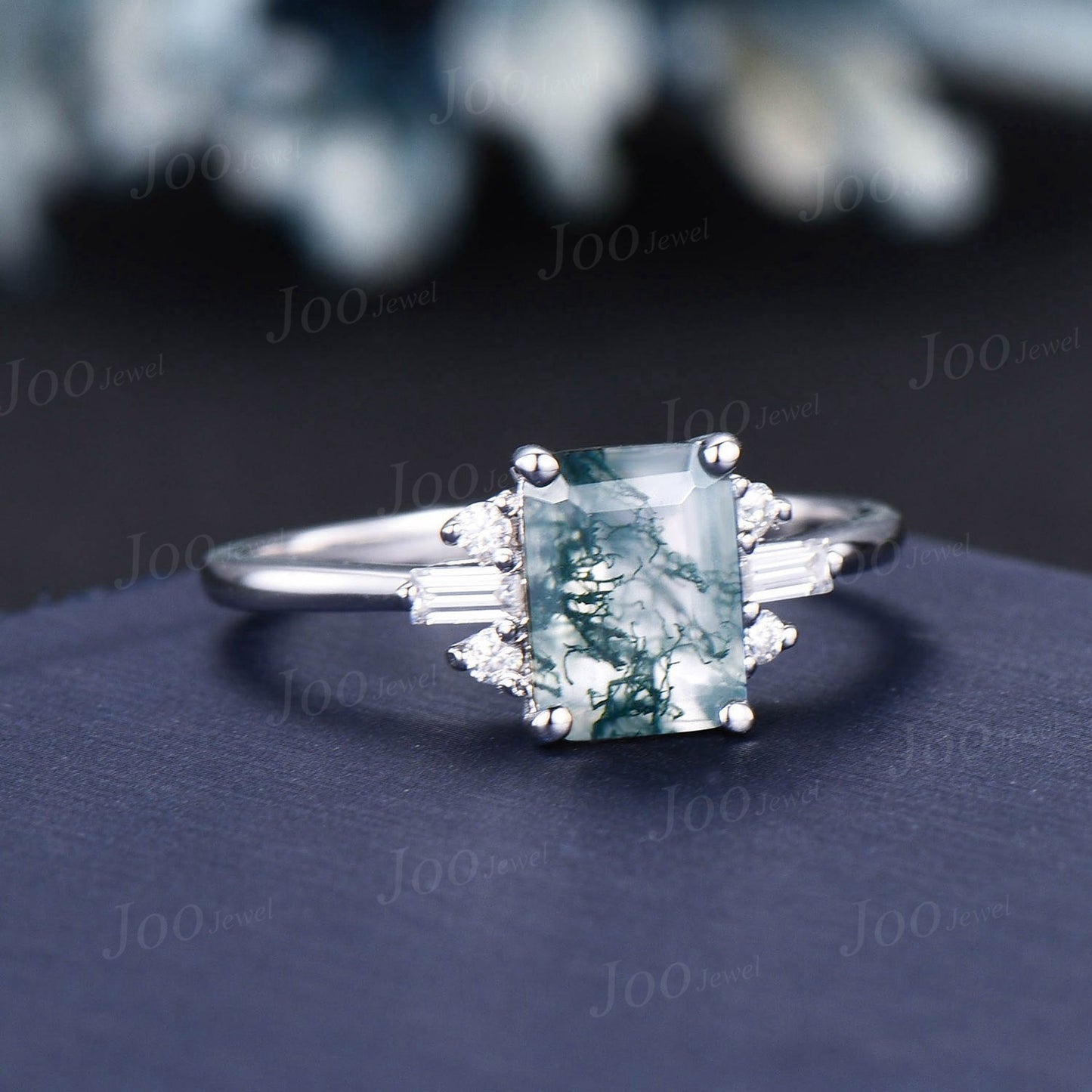 2ct Emerald Cut Natural Green Moss Agate Engagement Rings Platinum Ring Cluster Aquatic Agate Promise Ring Baguette Moissanite Wedding Ring
