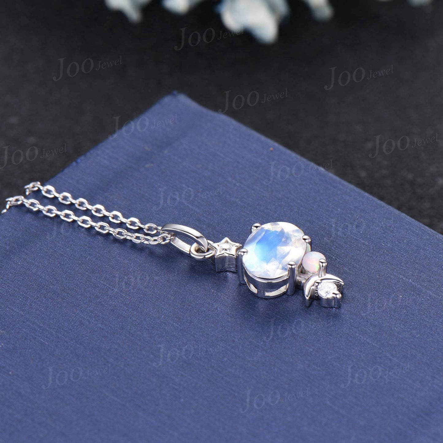 Unique Natural Oval Moonstone Bridal Pendant Silver/14K Real Rose Gold Personalized June Birthstone Wedding Necklace Moon Star Drop Necklace