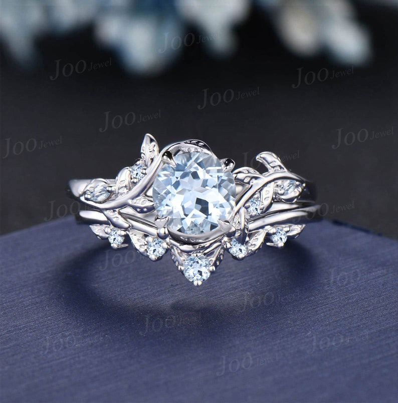 1CT Round Natural Aquamarine Bridal Ring Set 14K Rose Gold Leaf Branch Wedding Ring Nature Inspired Aquamarine Jewelry Proposal Gift for Her