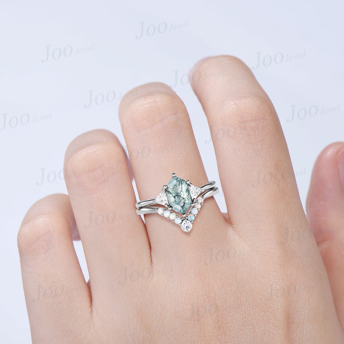 Elongated Hexagon Moss Agate Ring Set Unique Hexagon Ring Set Natural Green Moss Agate Engagement Ring Curve Moissanite Opal Wedding Band