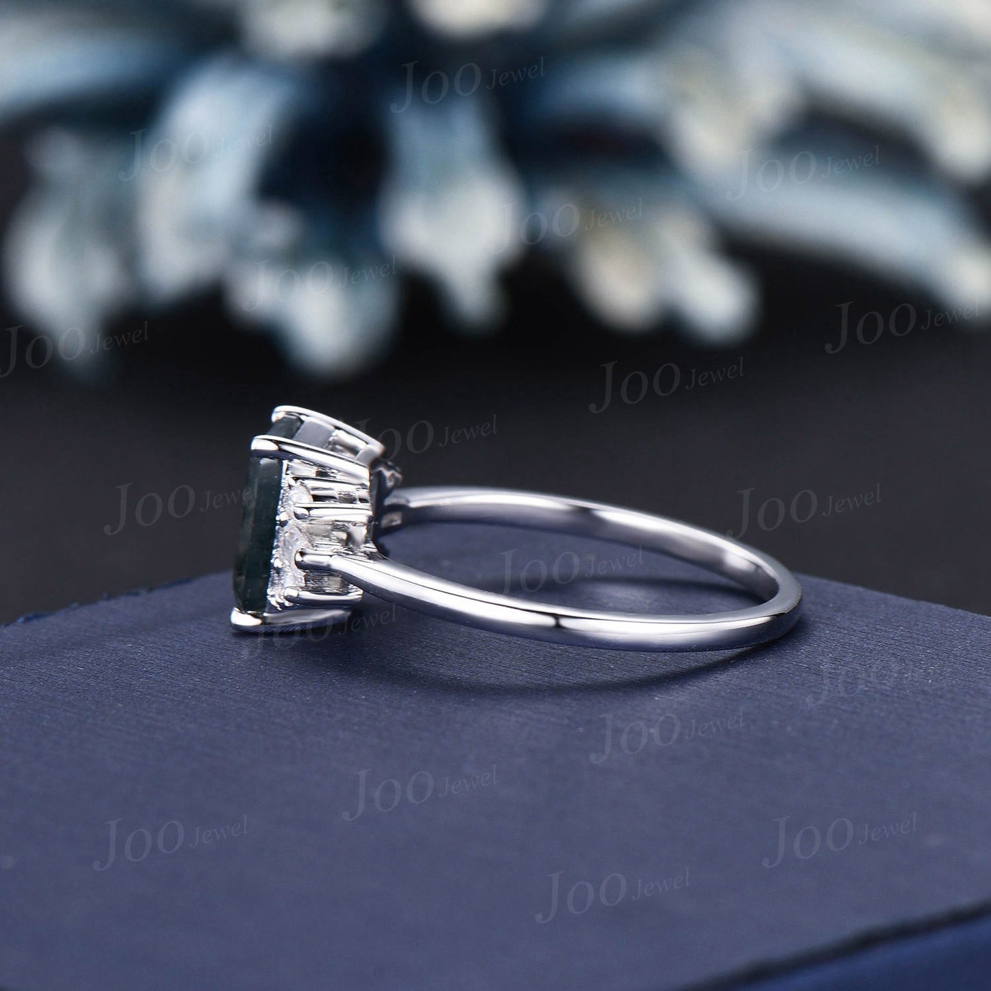2ct Emerald Cut Natural Green Moss Agate Engagement Rings Platinum Ring Cluster Aquatic Agate Promise Ring Baguette Moissanite Wedding Ring