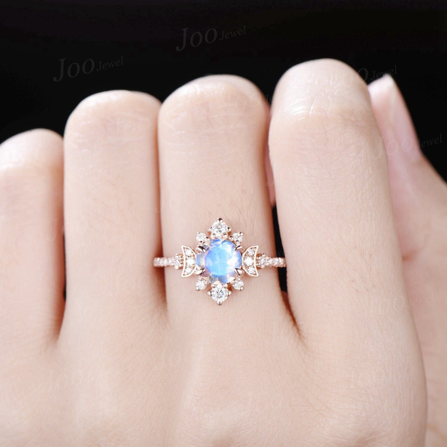 Natural Moonstone Engagement Ring Crescent Moon Ring Half Eternity Moon Engagement Ring Unique Moissanite Cluster Celestial Wedding Ring