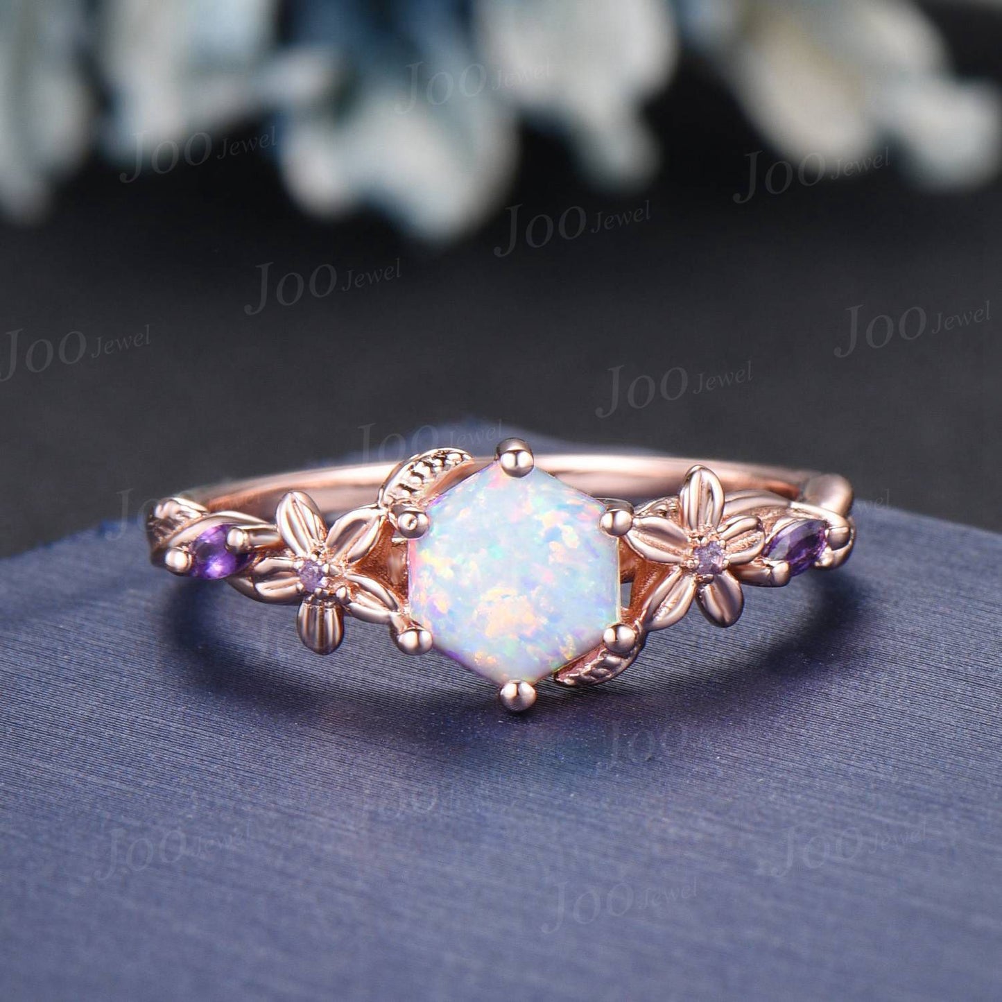 1ct Nature Inspired Hexagon Opal Engagement Ring Set Rose Flower Amethyst Wedding Ring Floral Leaf Opal Ring October Birthstone Jewelry Gift