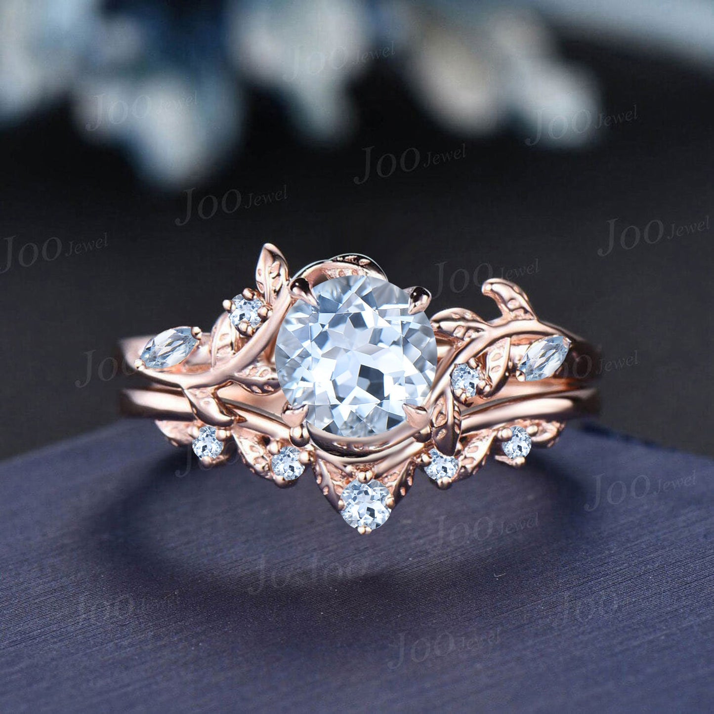 1CT Round Natural Aquamarine Bridal Ring Set 14K Rose Gold Leaf Branch Wedding Ring Nature Inspired Aquamarine Jewelry Proposal Gift for Her
