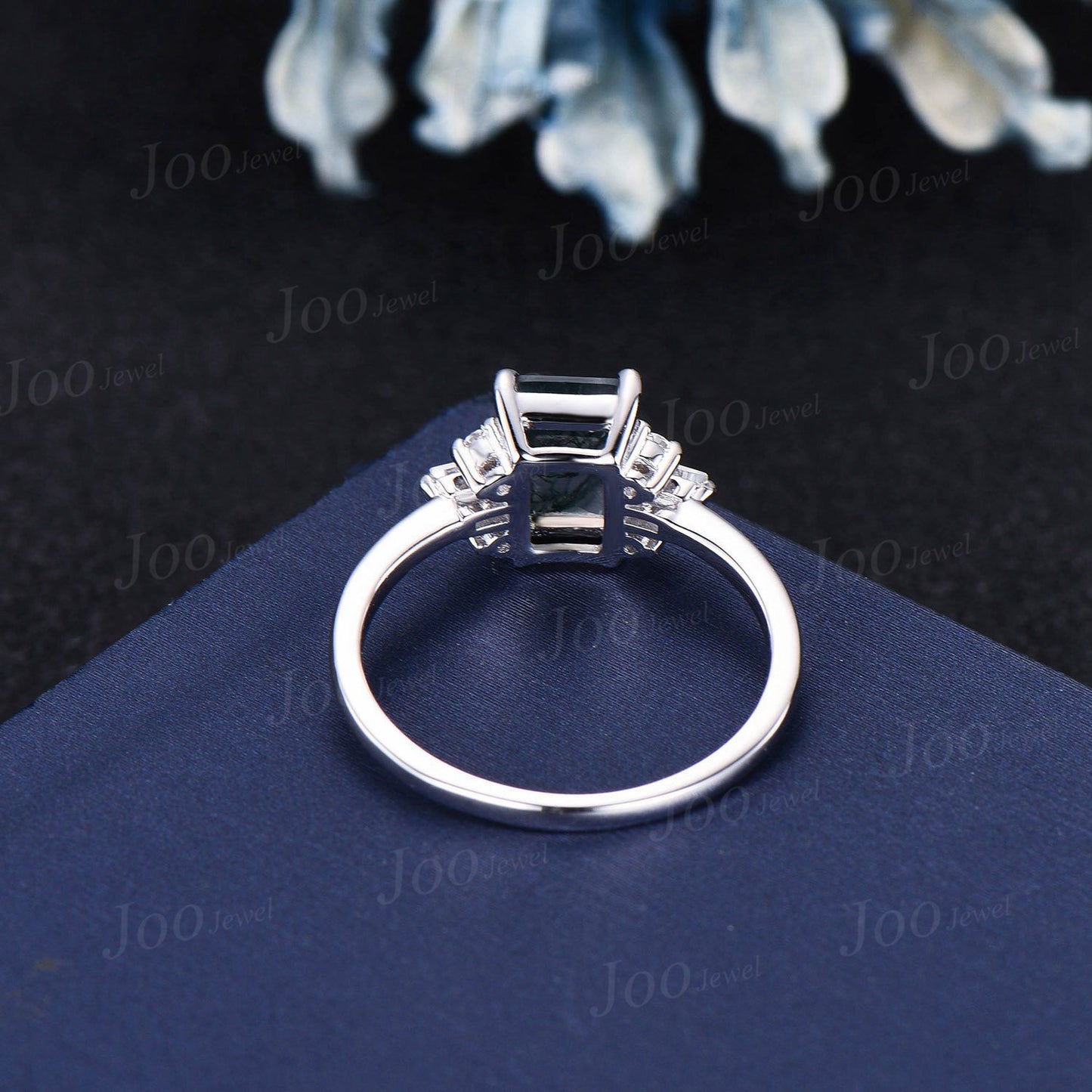 2ct Emerald Cut Natural Green Moss Agate Engagement Rings Platinum Ring Cluster Aquatic Agate Promise Ring Baguette Moissanite Wedding Ring