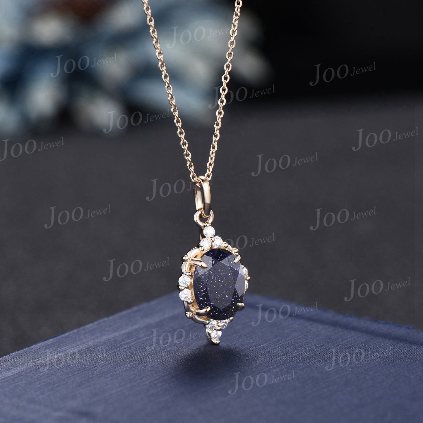 Nature Inspired Galaxy Blue Sandstone Halo Moissanite Pendant Solid 14K Gold Oval Blue Goldstone Twig Vine Necklace Valentine's Day Gifts