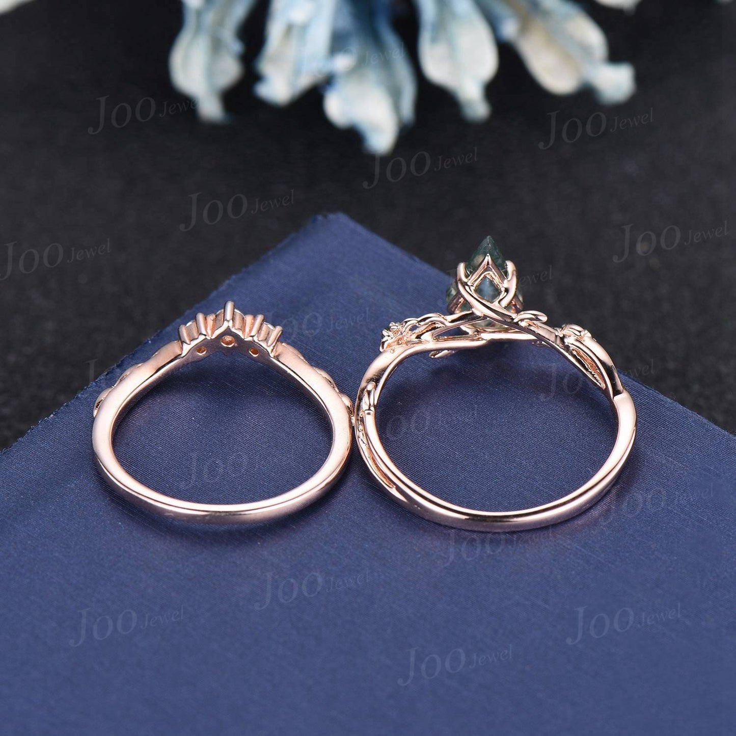 1ct Nature Inspired Kite Moss Agate Ring Set Floral Engagement Ring Green Emerald Branch Twig Vine Wedding Ring Vintage Agate Bridal Sets