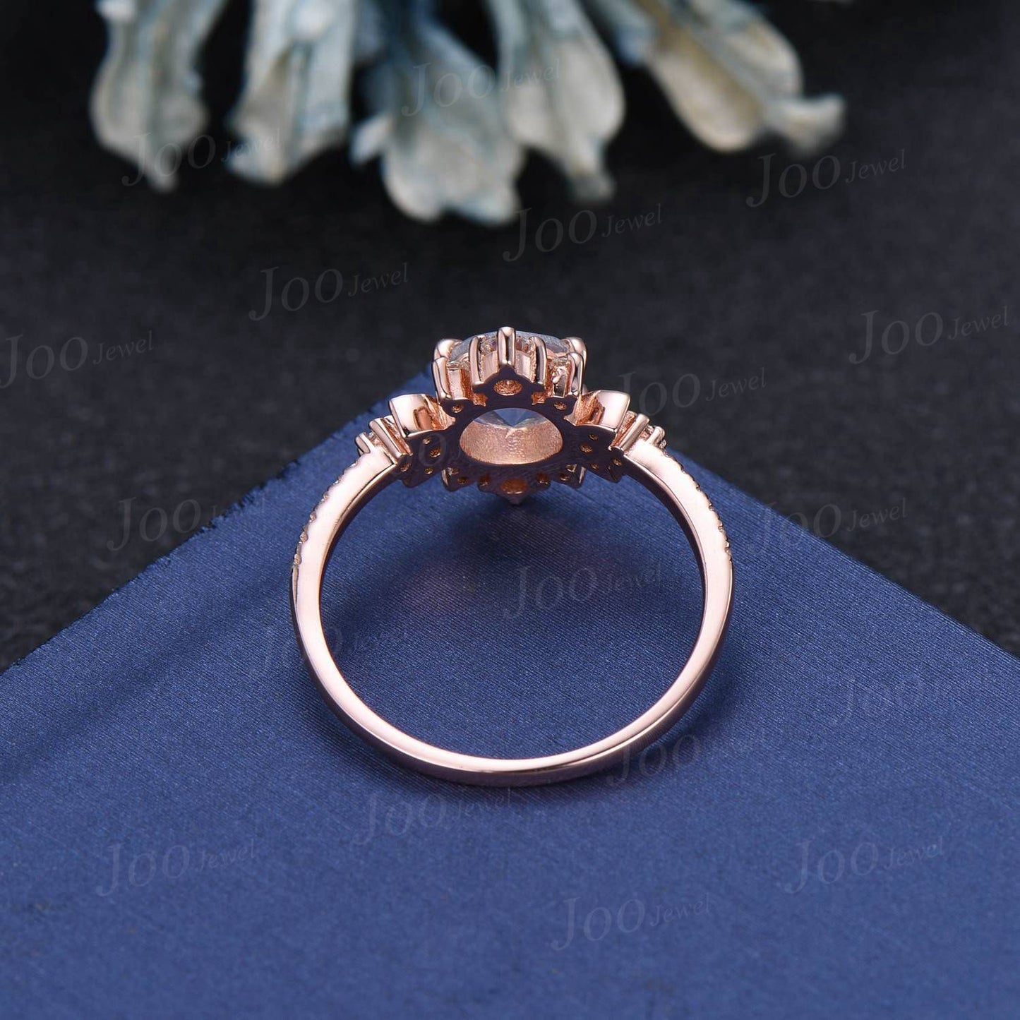 Natural Moonstone Engagement Ring Crescent Moon Ring Half Eternity Moon Engagement Ring Unique Moissanite Cluster Celestial Wedding Ring