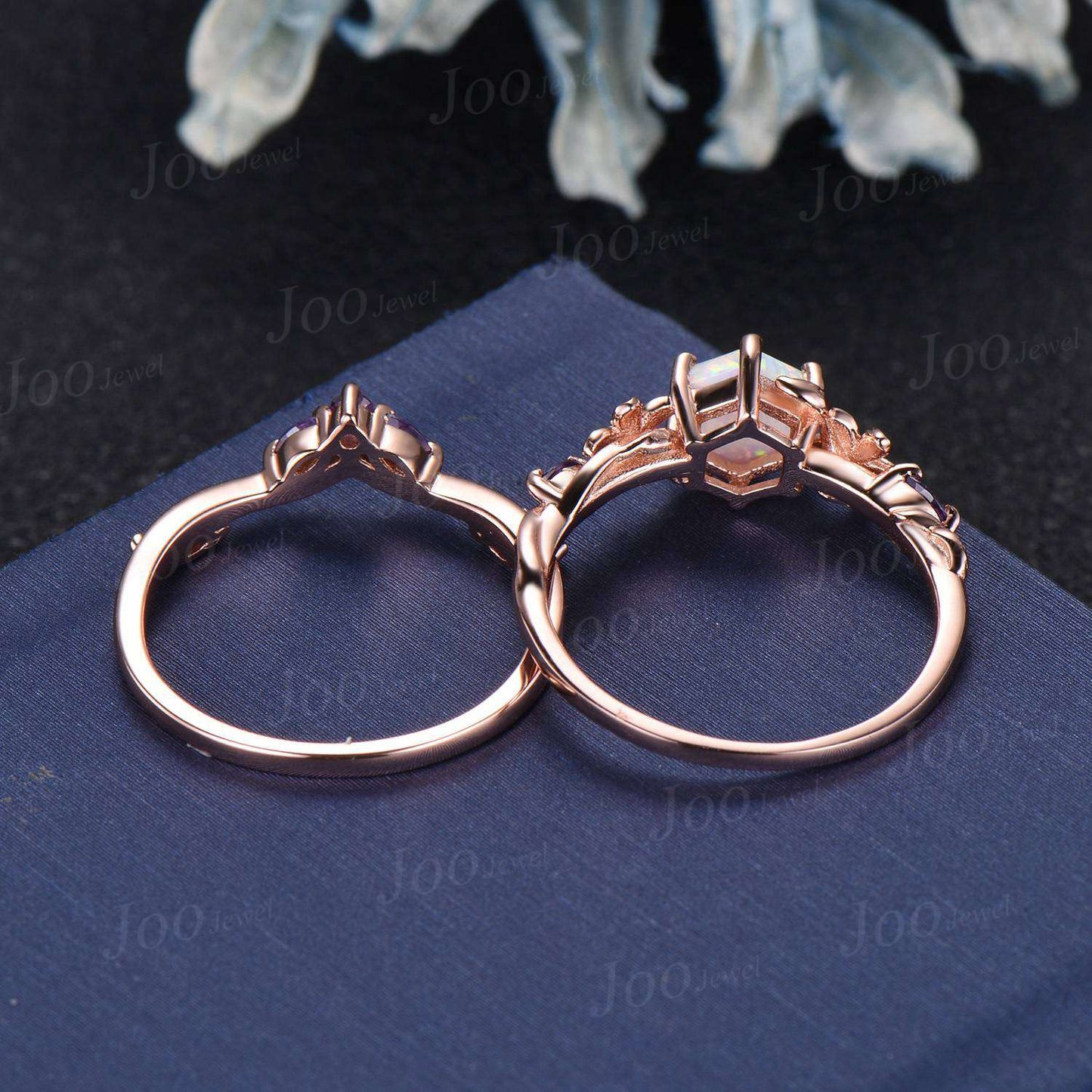 1ct Nature Inspired Hexagon Opal Engagement Ring Set Rose Flower Amethyst Wedding Ring Floral Leaf Opal Ring October Birthstone Jewelry Gift