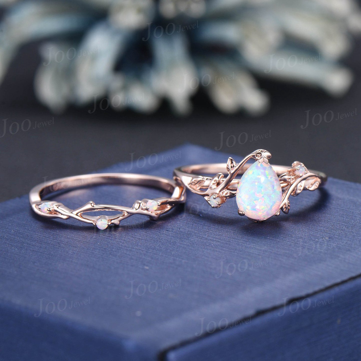 Nature Inspired Branch White Opal Ring Set 10K White Gold Twig Vine Pear Opal Engagement Ring October Birthstone Wedding Ring Birthday Gifts
