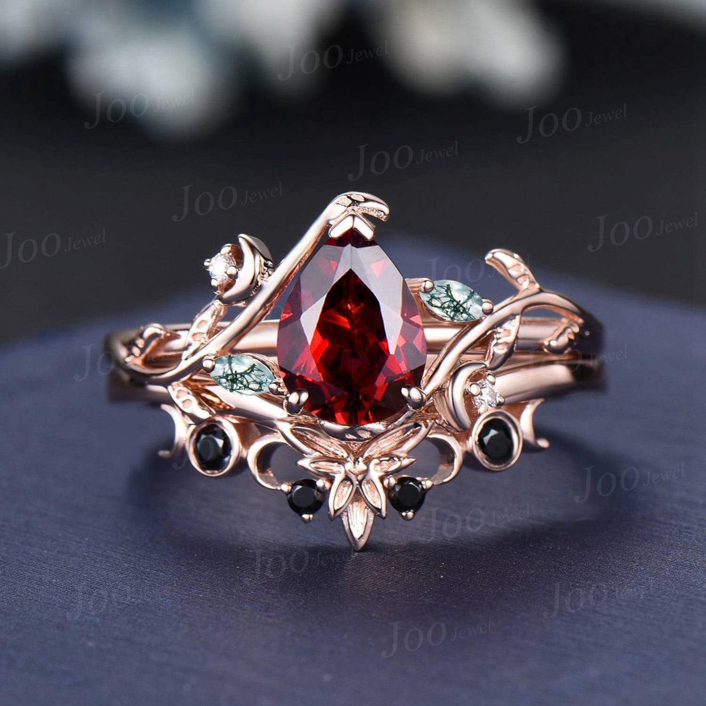 Black And Red Wedding Ring Sets Moon Engagement Ring 14K Rose Gold Nature Inspired Pear Natural Garnet Ring For Women Red Garnet Bridal Ring