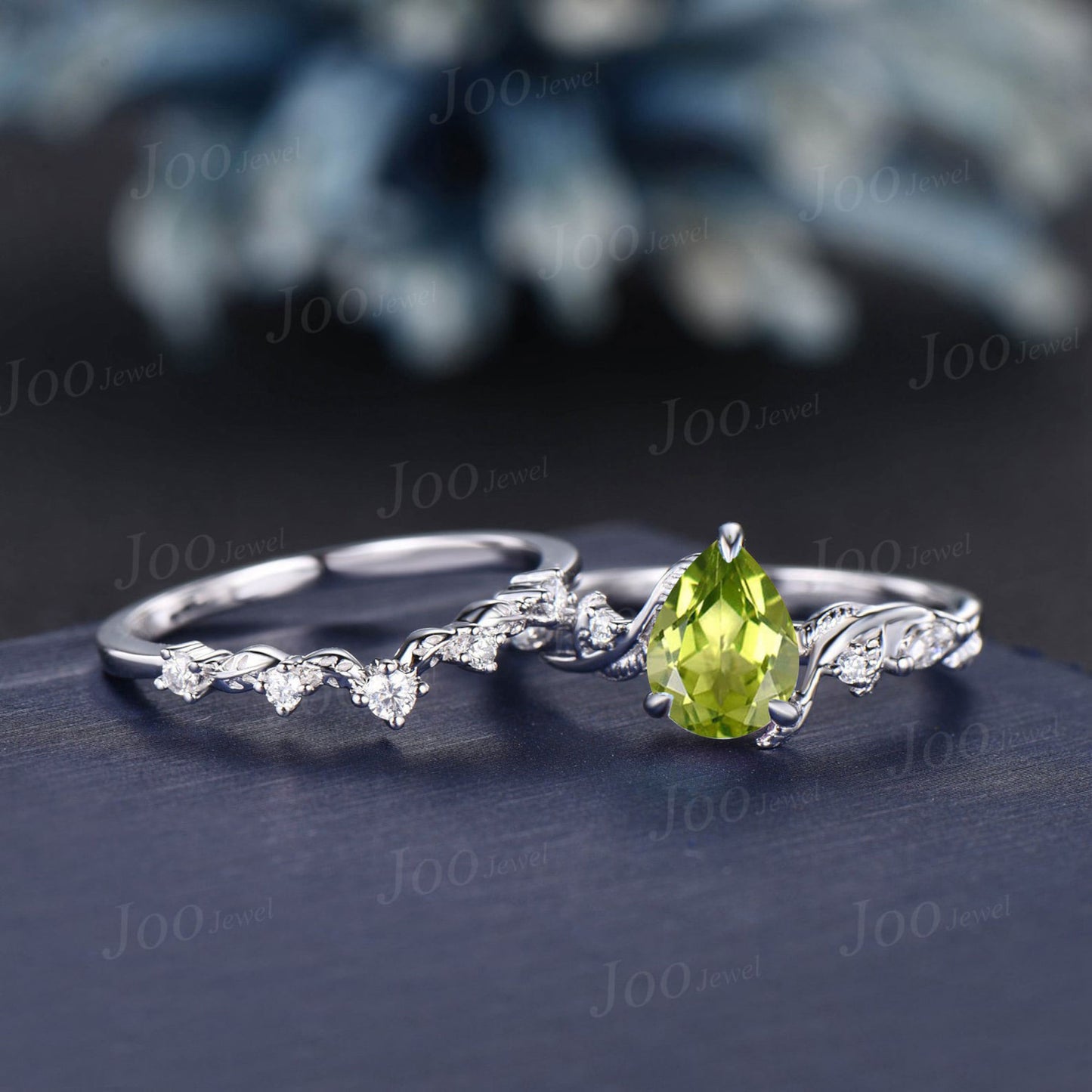 14K White Gold Natural Pear Cut Peridot Diamond Engagement Ring Set Vintage Twig Vine 1.25ct Peridot Ring Aug Birthstone Anniversary Gifts